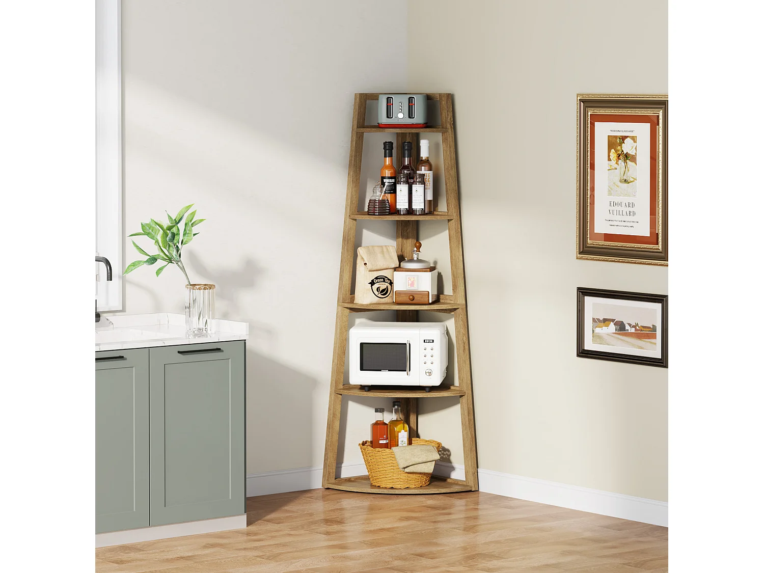 Étagère d'angle de 178 cm de haut, bibliothèque d'angle moderne à 5 niveaux, étagère d'angle industrielle avec support pour plantes