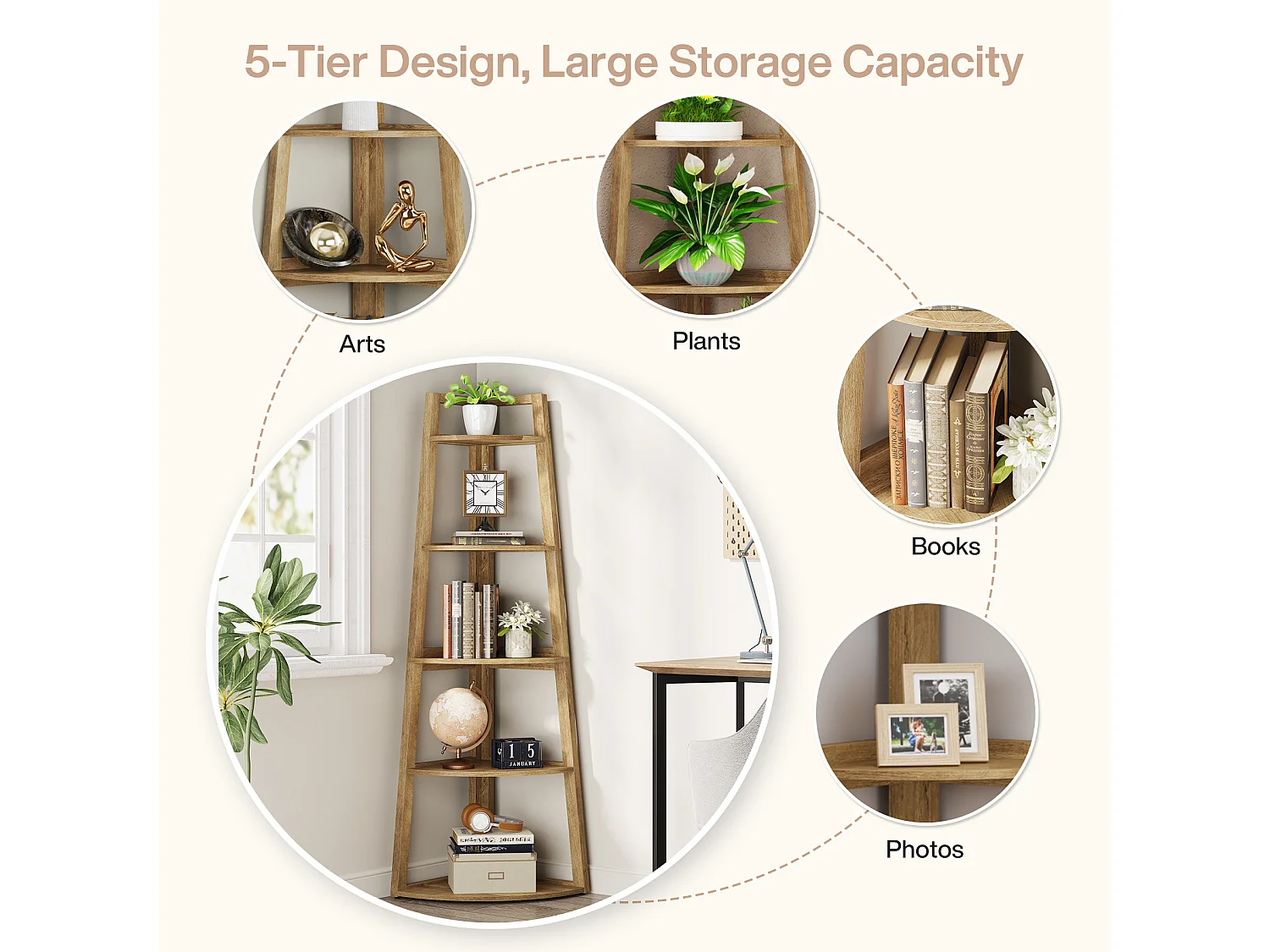 Étagère d'angle de 178 cm de haut, bibliothèque d'angle moderne à 5 niveaux, étagère d'angle industrielle avec support pour plantes