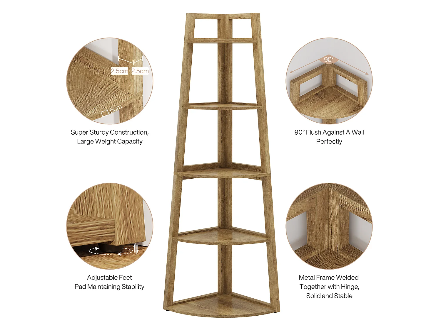 Étagère d'angle de 178 cm de haut, bibliothèque d'angle moderne à 5 niveaux, étagère d'angle industrielle avec support pour plantes