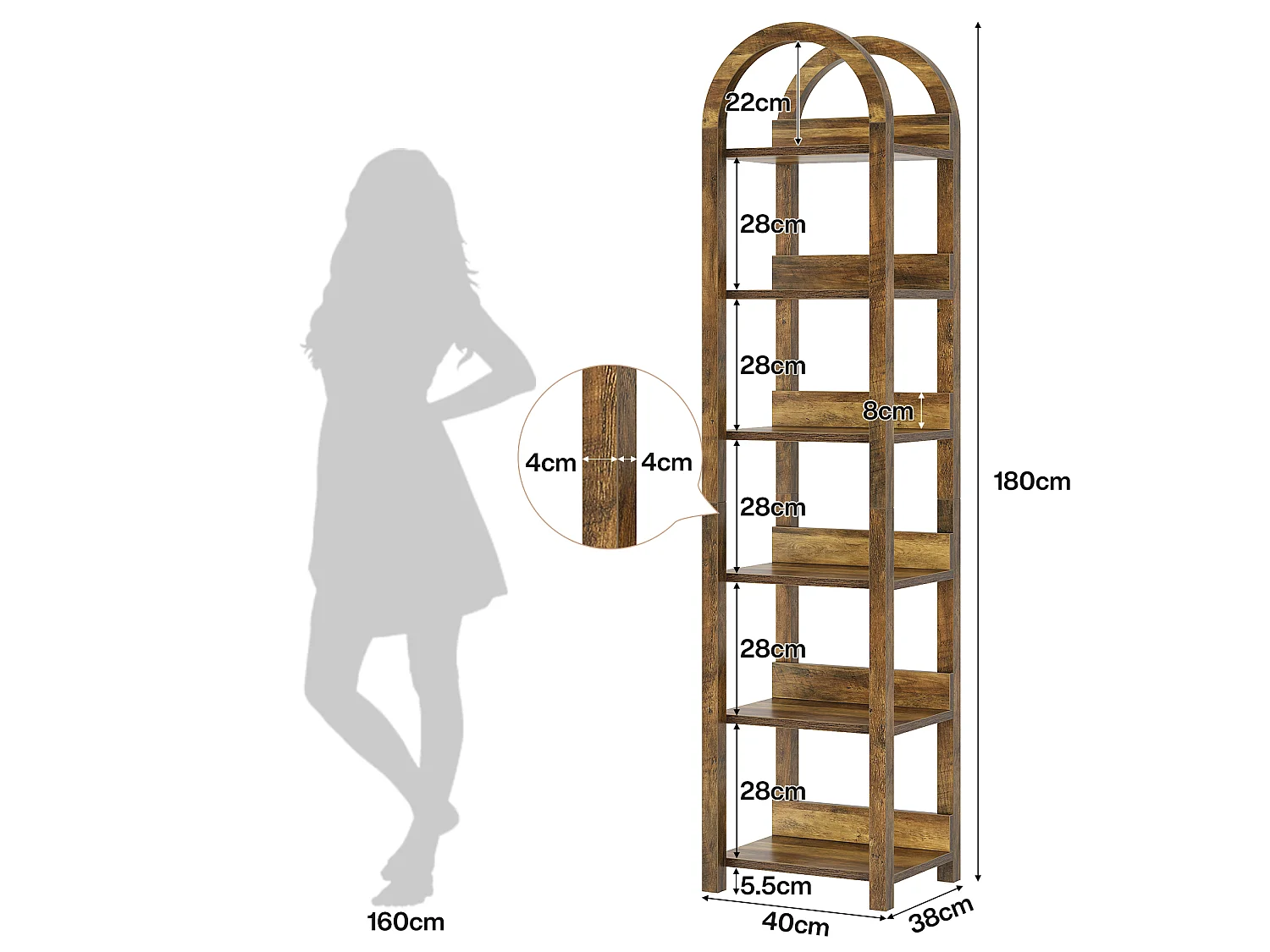 Bibliothèque étroite à 6 niveaux, bibliothèque cintrée de 180 cm de haut avec étagères pour petits espaces
