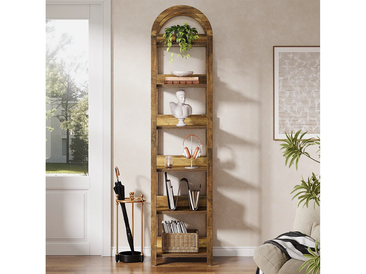 Bibliothèque étroite à 6 niveaux, bibliothèque cintrée de 180 cm de haut avec étagères pour petits espaces