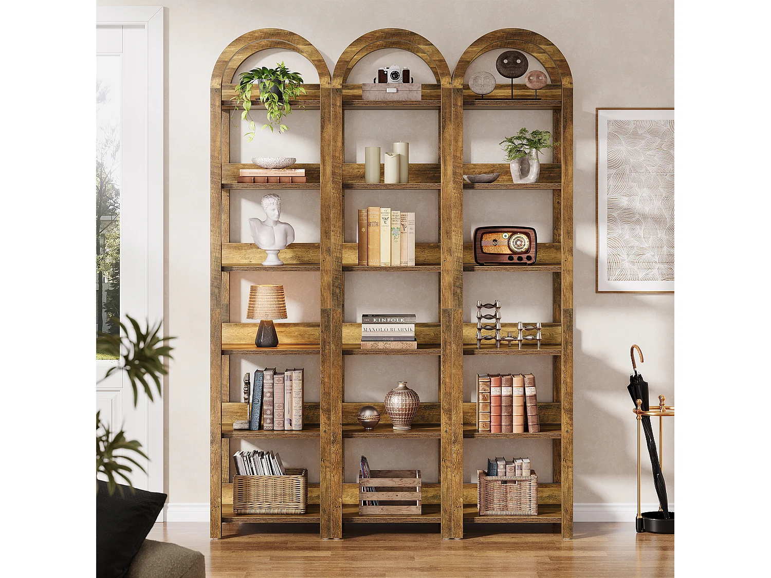 Bibliothèque étroite à 6 niveaux, bibliothèque cintrée de 180 cm de haut avec étagères pour petits espaces