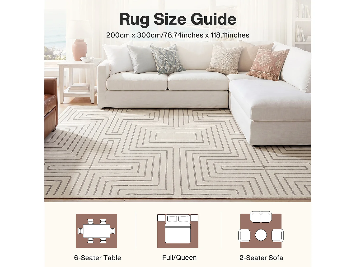 Tapis modernes pour salon - Tapis géométriques lavables - 200 x 300 cm Beige