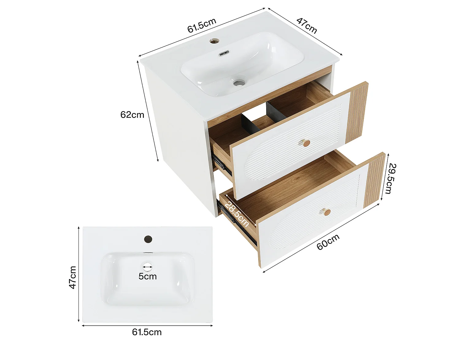 Mobile bagno da 60 cm con armadietto, mobiletto a parete con lavabo in ceramica, 2 cassetti, bianco