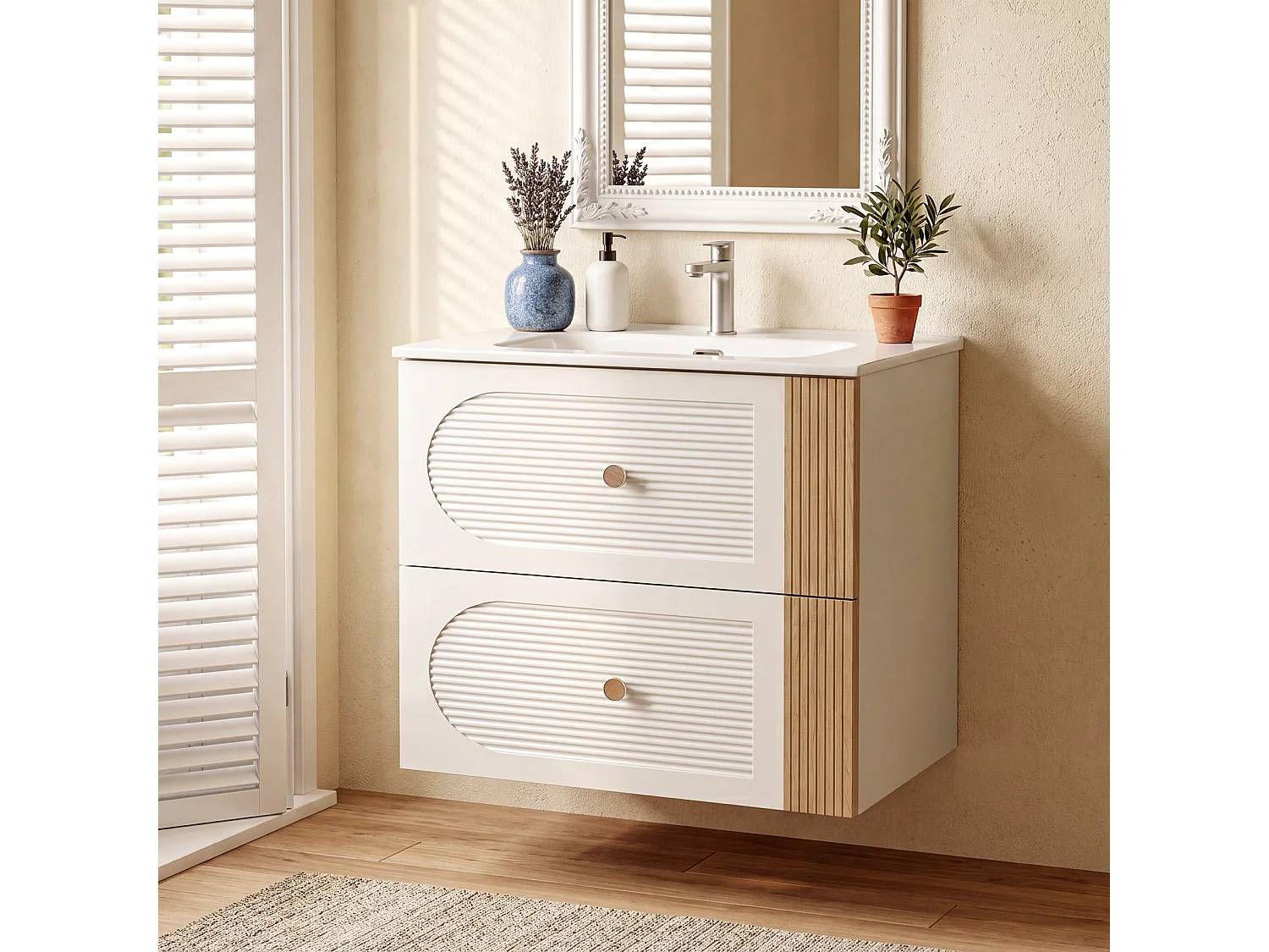 Mobile bagno da 60 cm con armadietto, mobiletto a parete con lavabo in ceramica, 2 cassetti, bianco