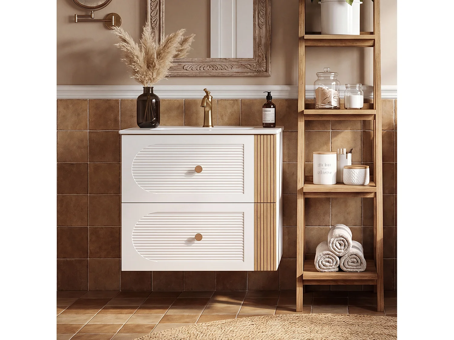 Mobile bagno da 60 cm con armadietto, mobiletto a parete con lavabo in ceramica, 2 cassetti, bianco