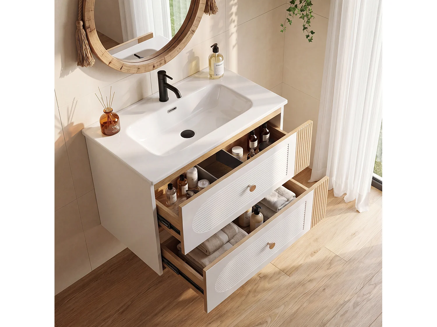 Mobile bagno da 60 cm con armadietto, mobiletto a parete con lavabo in ceramica, 2 cassetti, bianco