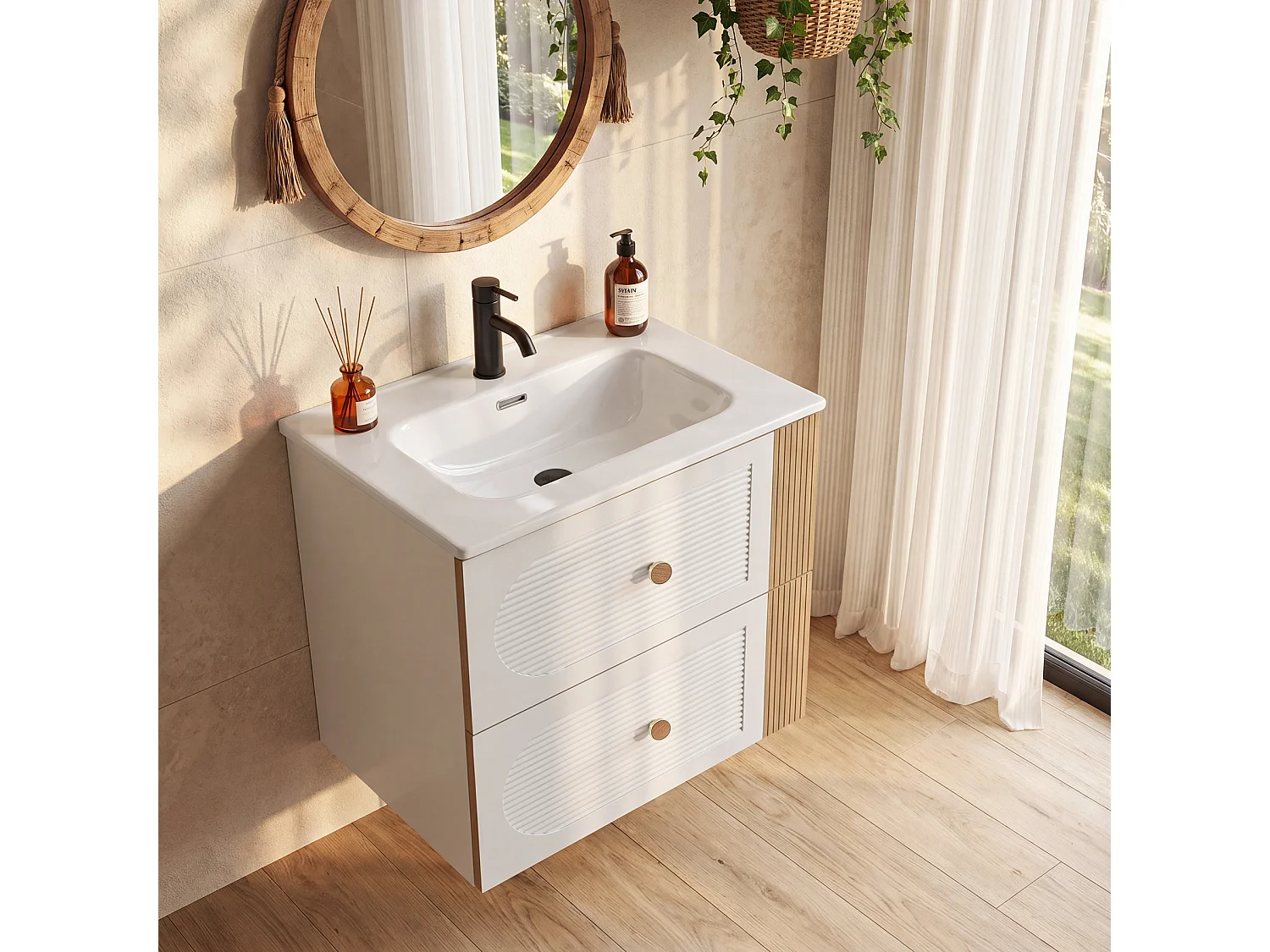 Mobile bagno da 60 cm con armadietto, mobiletto a parete con lavabo in ceramica, 2 cassetti, bianco