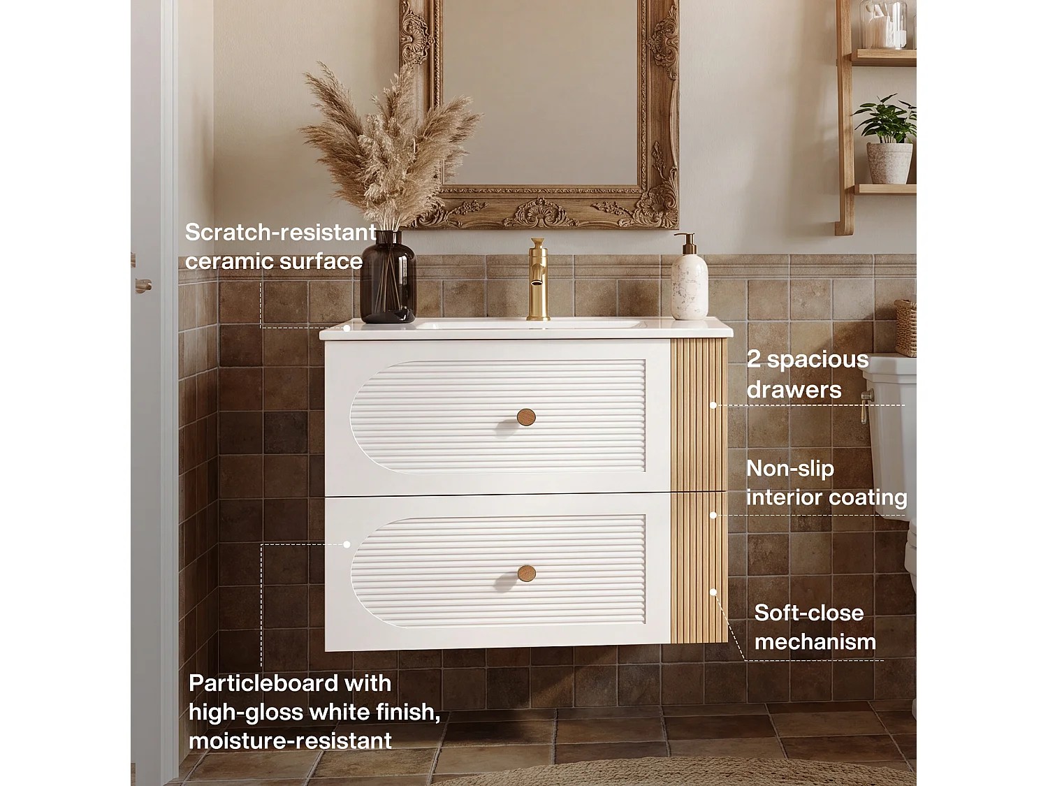 Mobile bagno da 60 cm con armadietto, mobiletto a parete con lavabo in ceramica, 2 cassetti, bianco