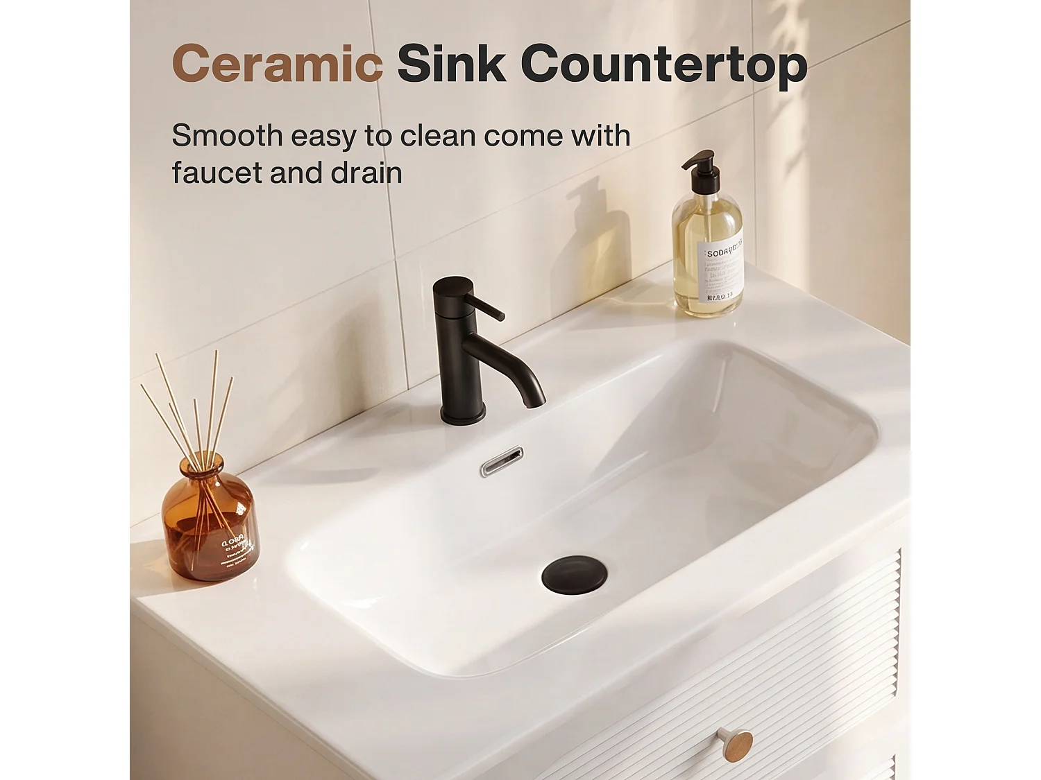 Mobile bagno da 60 cm con armadietto, mobiletto a parete con lavabo in ceramica, 2 cassetti, bianco