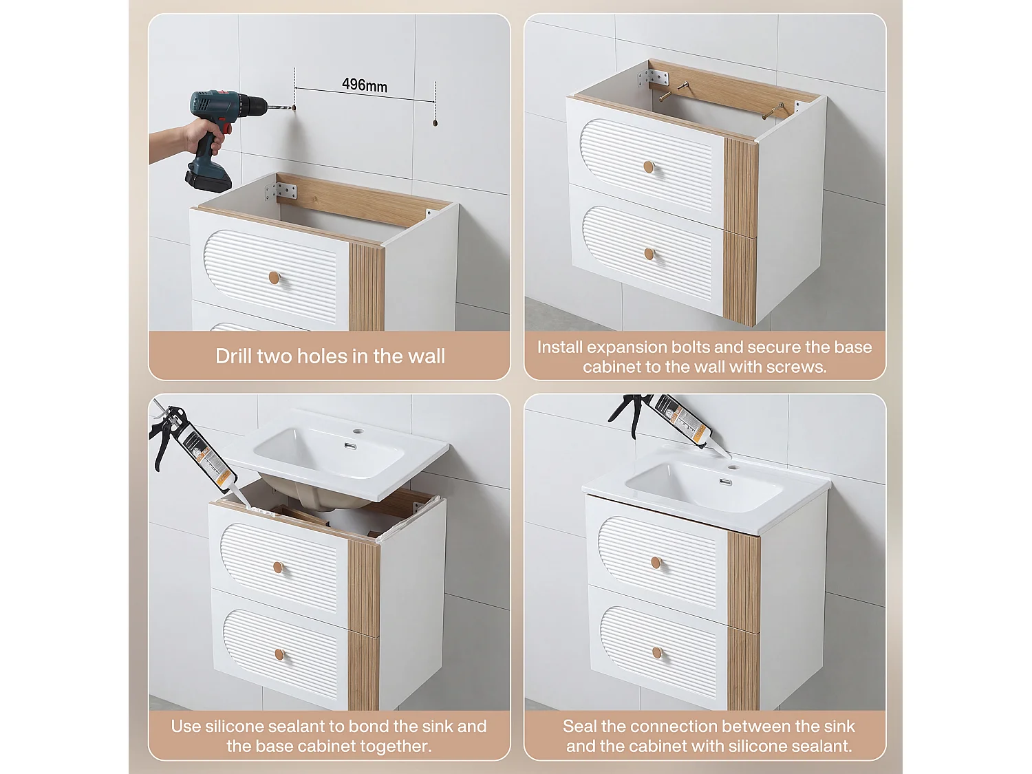 Mobile bagno da 60 cm con armadietto, mobiletto a parete con lavabo in ceramica, 2 cassetti, bianco