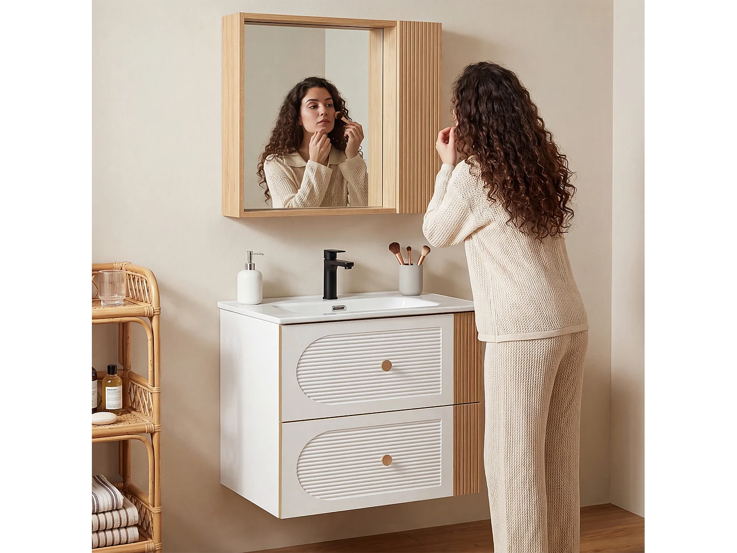 Mobile bagno da 60 cm con armadietto, mobiletto a parete con lavabo in ceramica, 2 cassetti, bianco