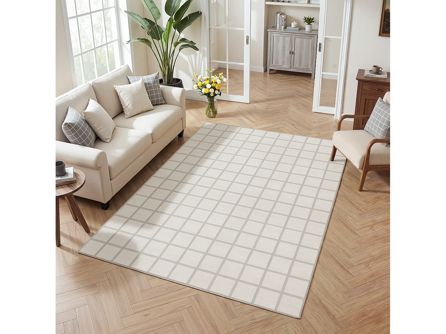 Moderne geruite vloerkleden voor de woonkamer - Wasbare vloerkleden - 160x230 cm Beige