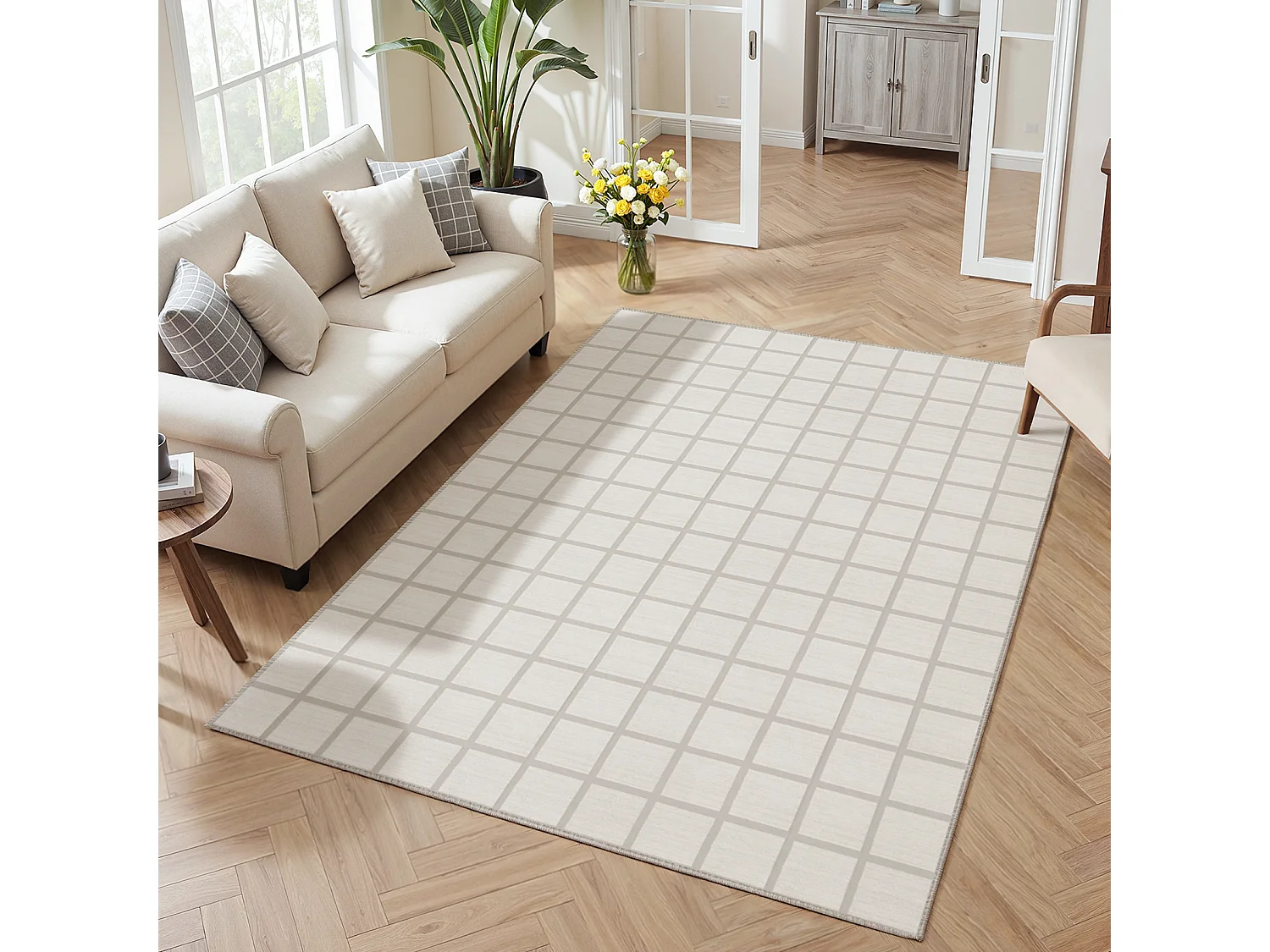 Moderne geruite vloerkleden voor de woonkamer - Wasbare vloerkleden - 160x230 cm Beige