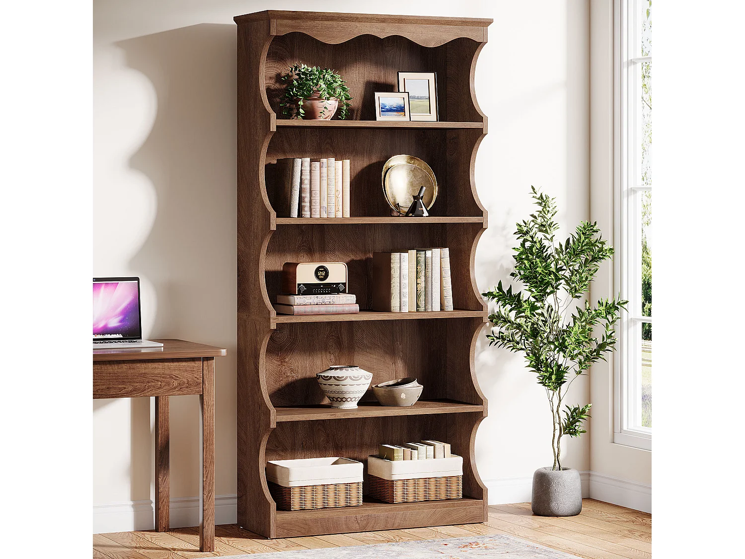 Bibliothèque noire de 180 cm de haut, étagère ouverte à 5 niveaux avec un design unique aux bords incurvés, autoportante