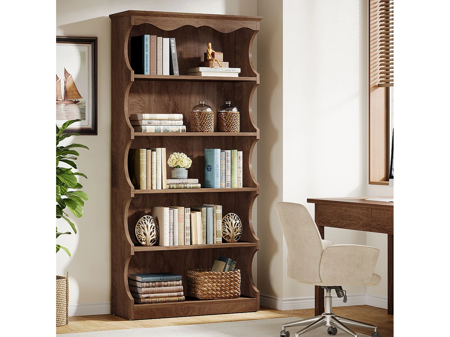 Bibliothèque noire de 180 cm de haut, étagère ouverte à 5 niveaux avec un design unique aux bords incurvés, autoportante