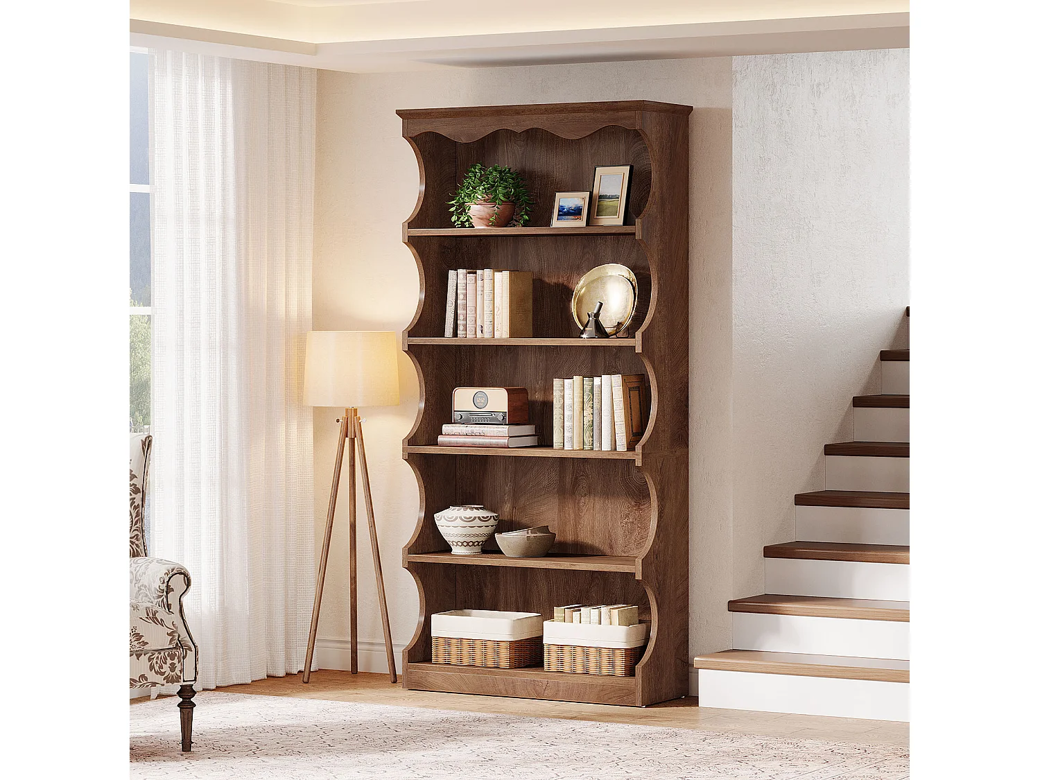 Bibliothèque noire de 180 cm de haut, étagère ouverte à 5 niveaux avec un design unique aux bords incurvés, autoportante