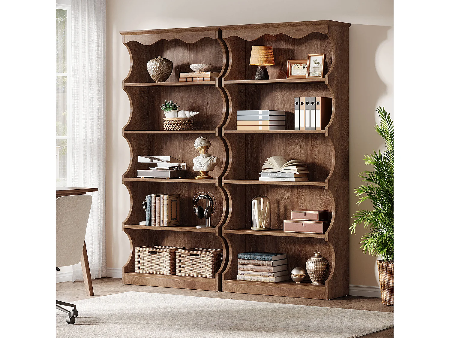 Bibliothèque noire de 180 cm de haut, étagère ouverte à 5 niveaux avec un design unique aux bords incurvés, autoportante
