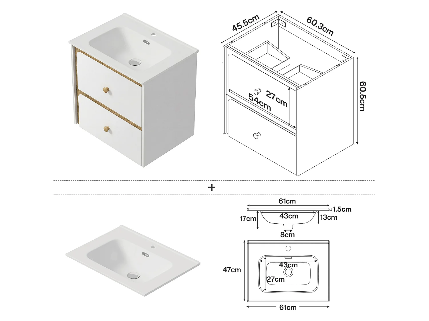 Mobile bagno da 61 cm con armadietto, mobiletto a parete con lavabo in ceramica, 2 cassetti, bianco.