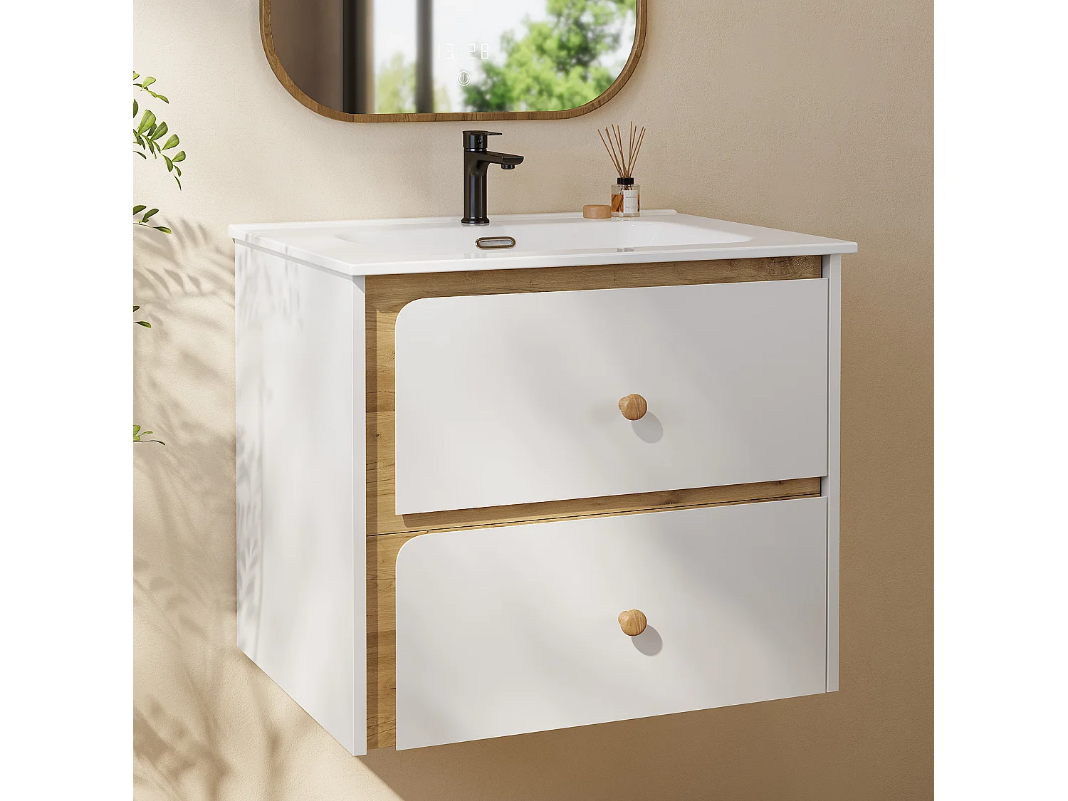 Mobile bagno da 61 cm con armadietto, mobiletto a parete con lavabo in ceramica, 2 cassetti, bianco.