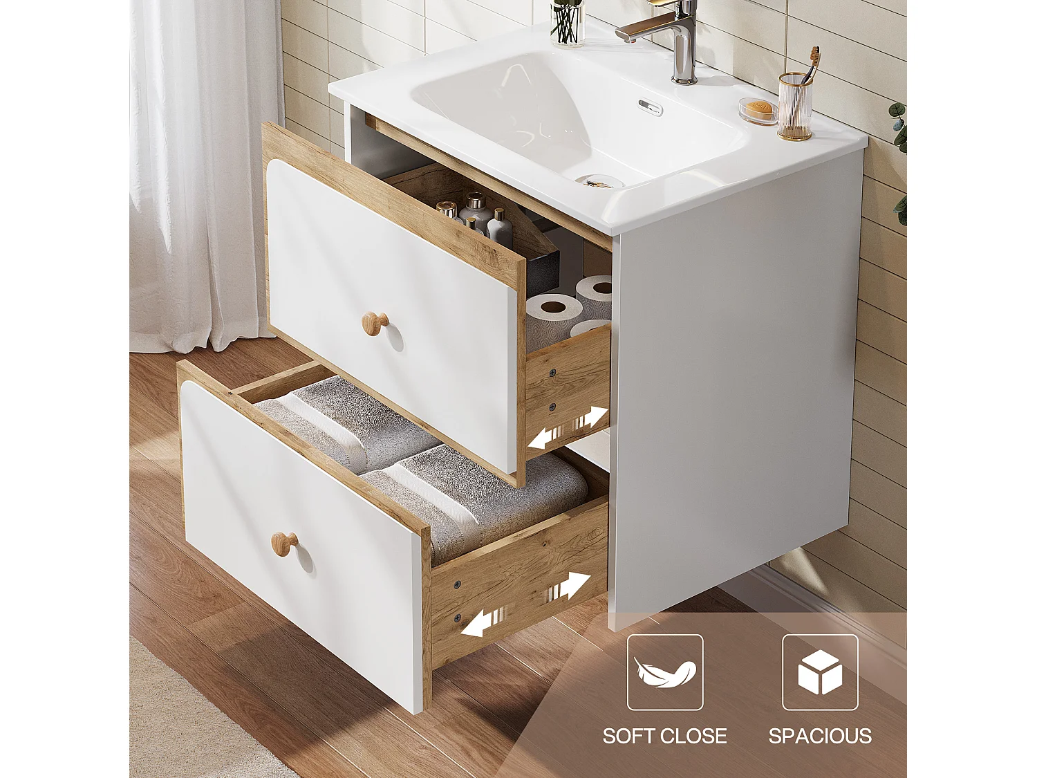 Mobile bagno da 61 cm con armadietto, mobiletto a parete con lavabo in ceramica, 2 cassetti, bianco.
