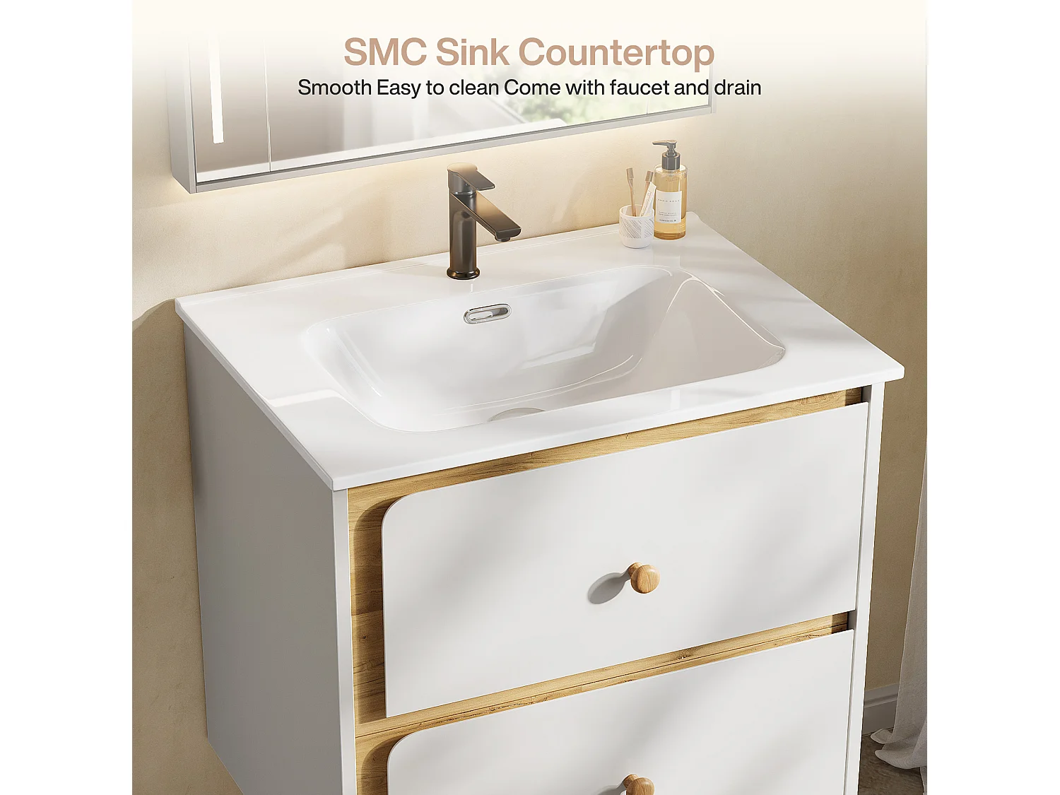 Mobile bagno da 61 cm con armadietto, mobiletto a parete con lavabo in ceramica, 2 cassetti, bianco.