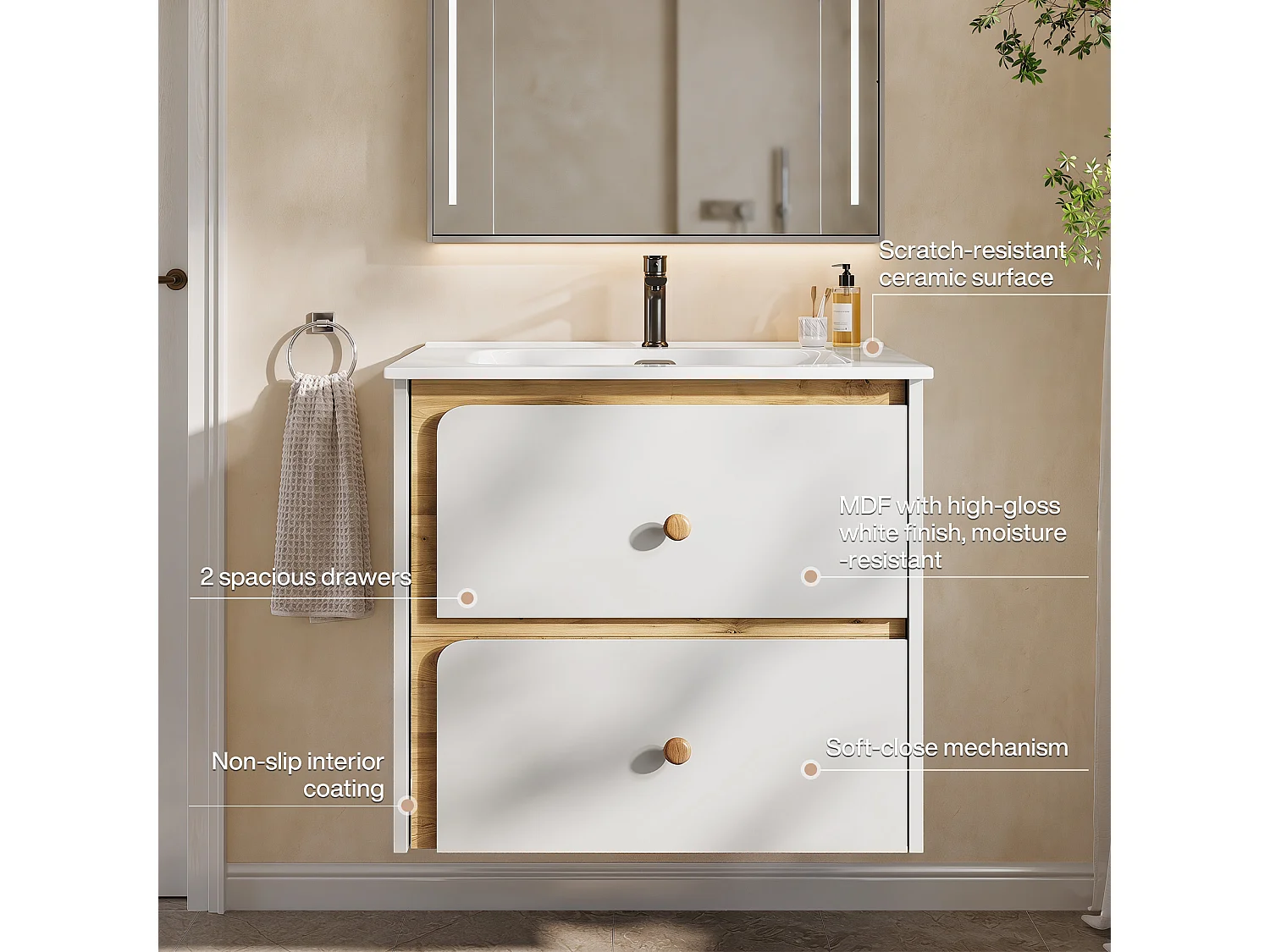 Mobile bagno da 61 cm con armadietto, mobiletto a parete con lavabo in ceramica, 2 cassetti, bianco.