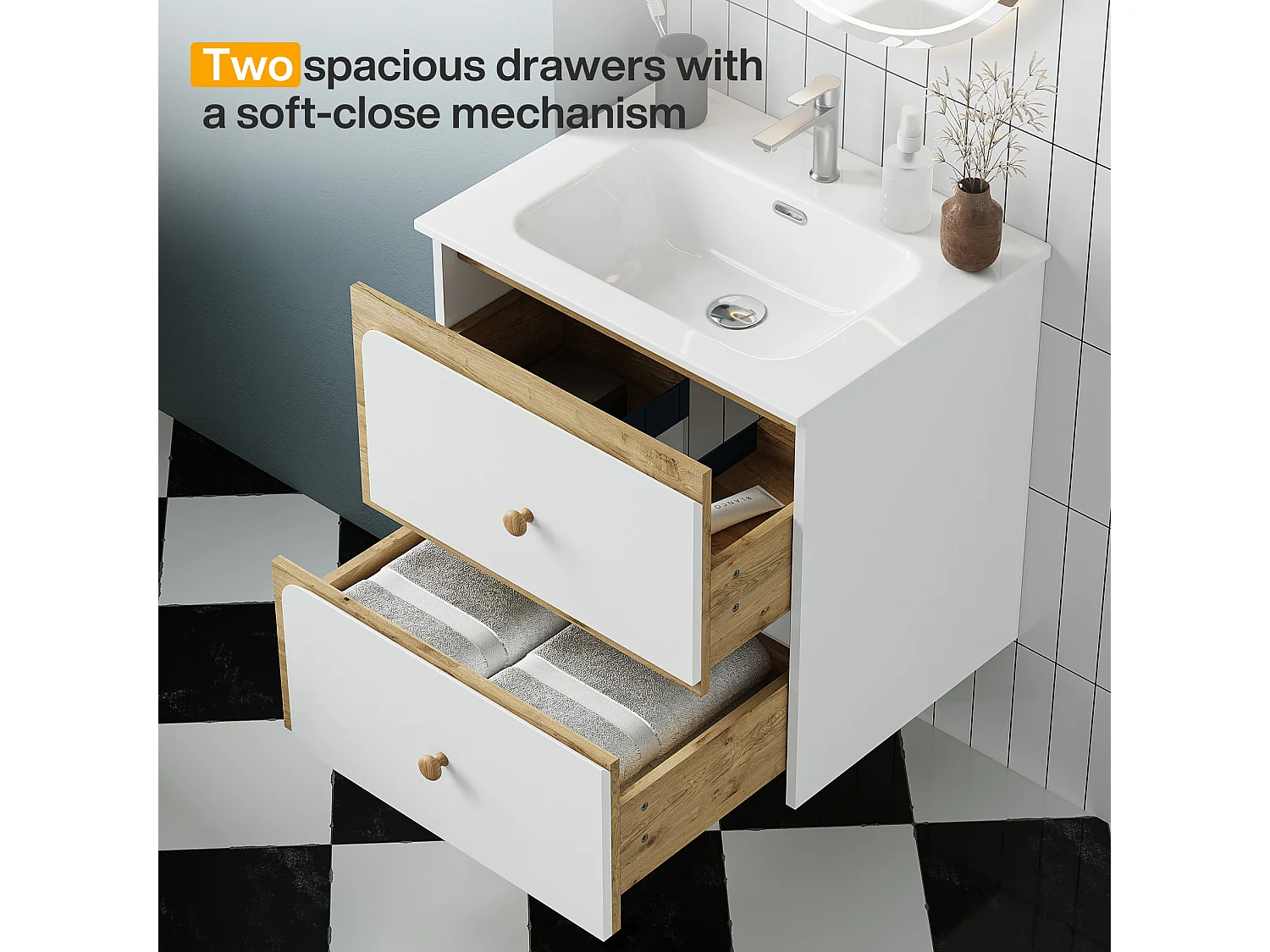 Mobile bagno da 61 cm con armadietto, mobiletto a parete con lavabo in ceramica, 2 cassetti, bianco.