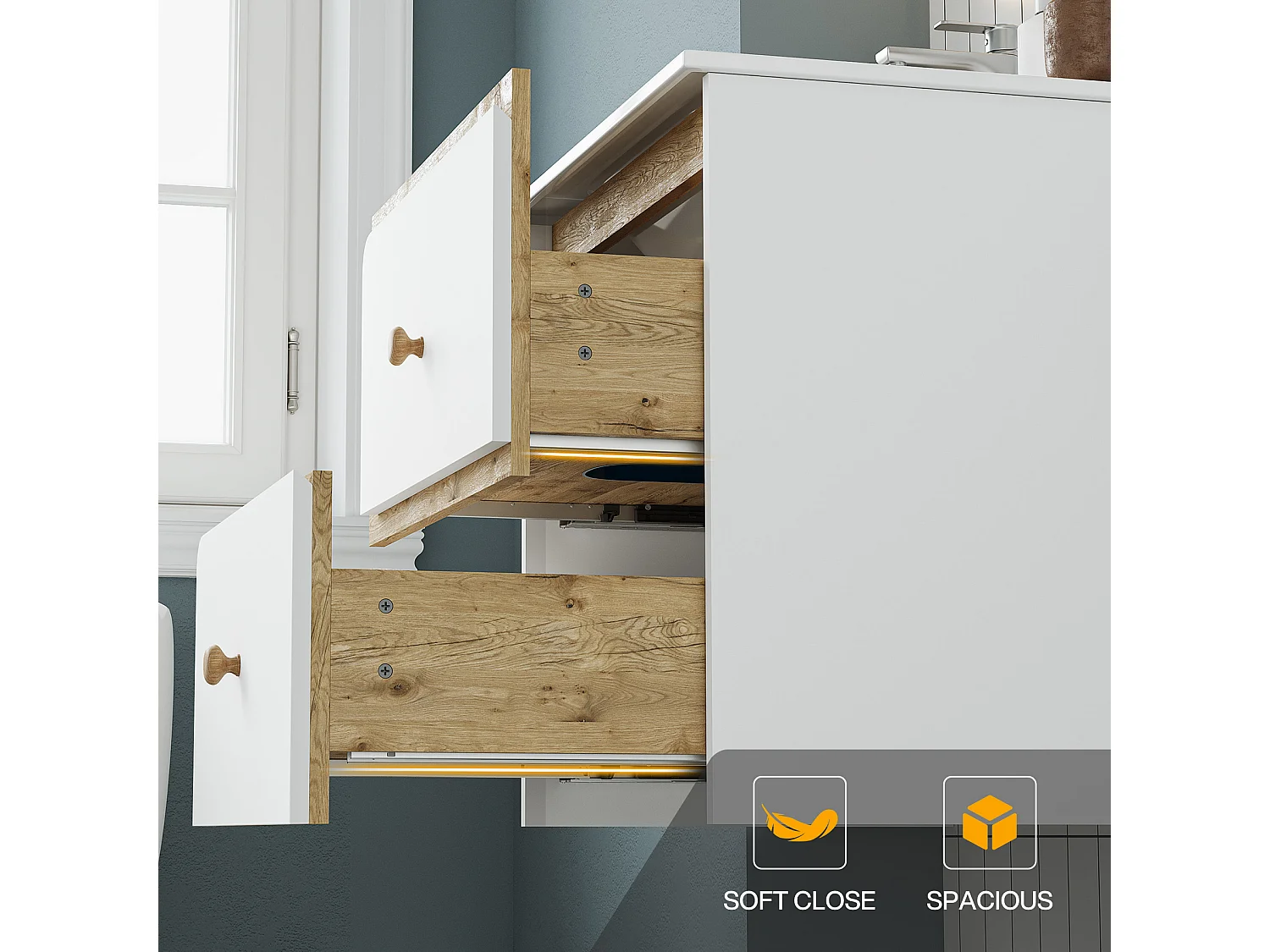 Mobile bagno da 61 cm con armadietto, mobiletto a parete con lavabo in ceramica, 2 cassetti, bianco.