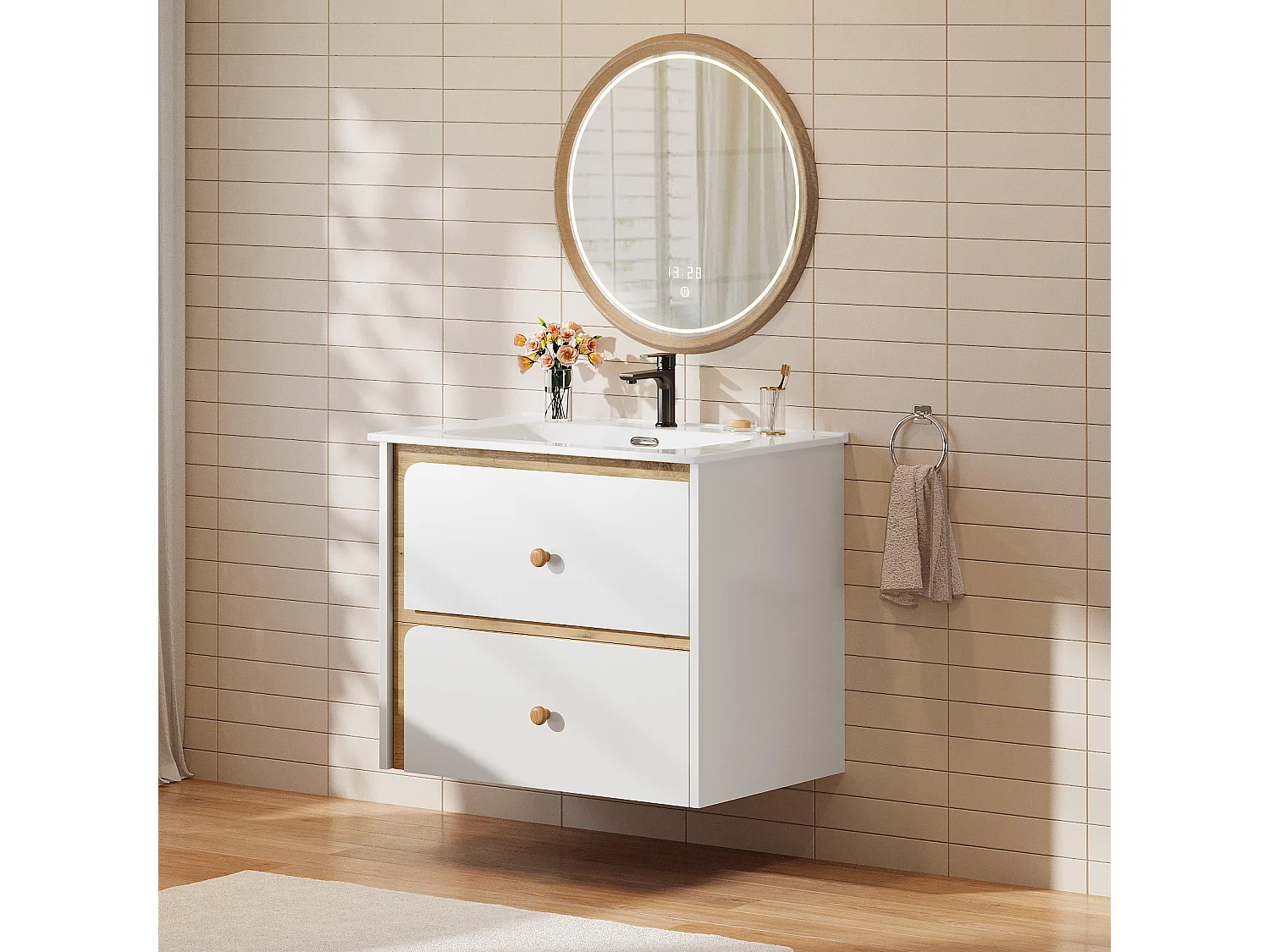Mobile bagno da 61 cm con armadietto, mobiletto a parete con lavabo in ceramica, 2 cassetti, bianco.