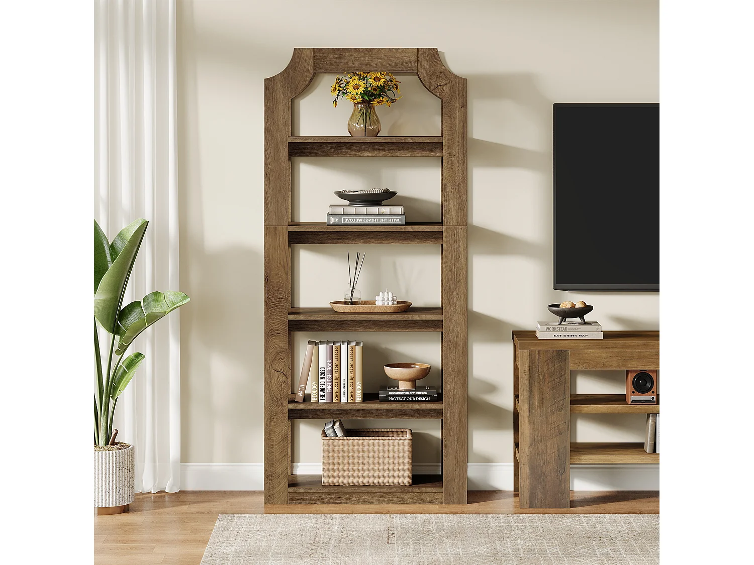 Étagère à livres à 5 niveaux de 180 cm de haut, style ferme, étagère de rangement vintage autoportante
