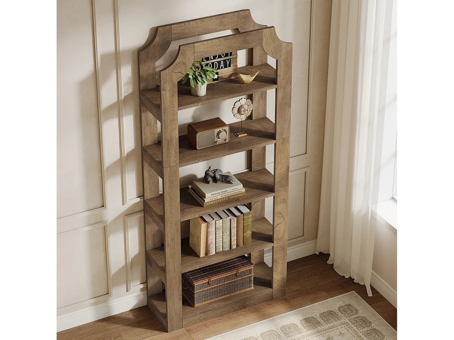 Étagère à livres à 5 niveaux de 180 cm de haut, style ferme, étagère de rangement vintage autoportante
