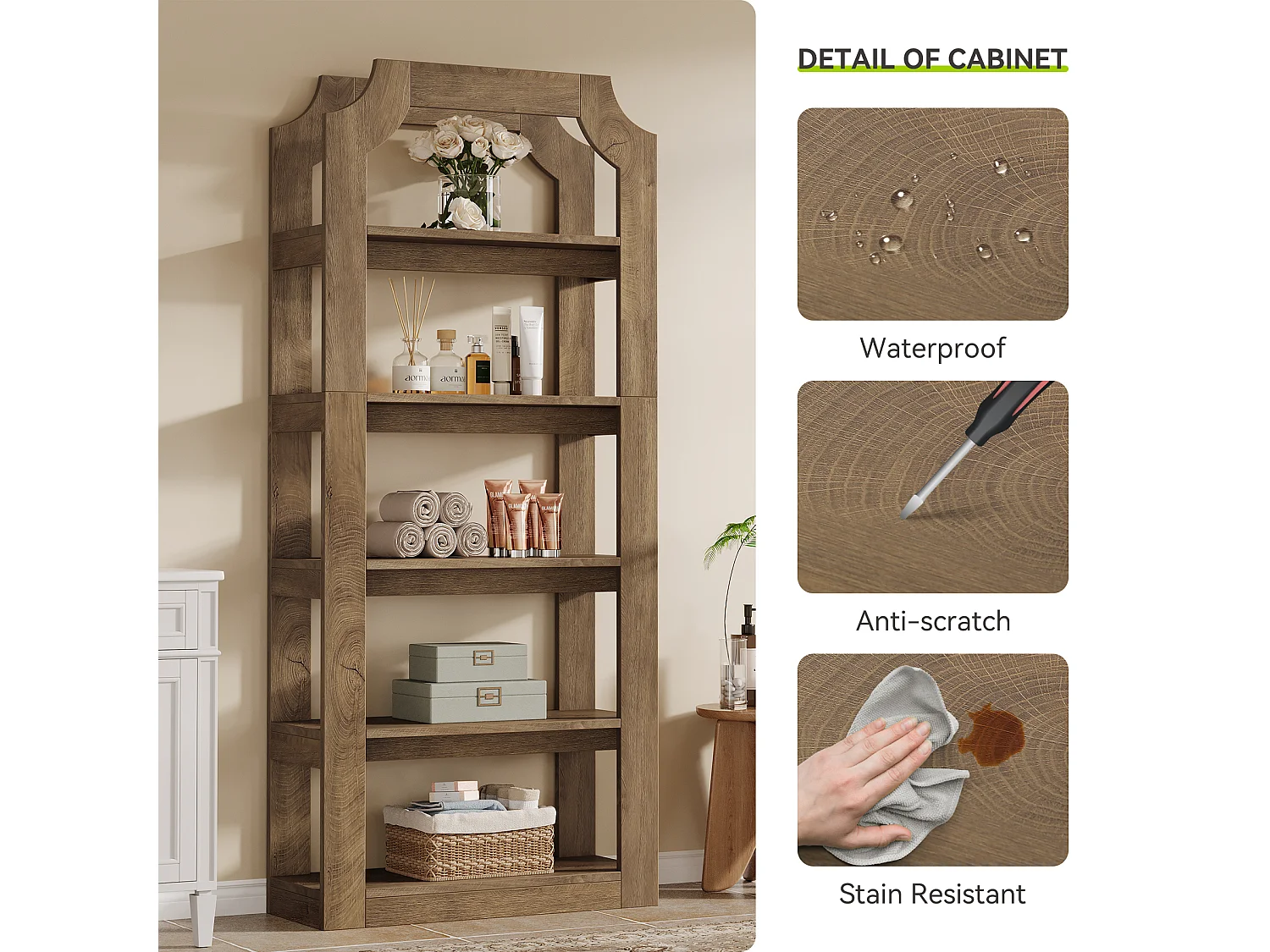 Étagère à livres à 5 niveaux de 180 cm de haut, style ferme, étagère de rangement vintage autoportante