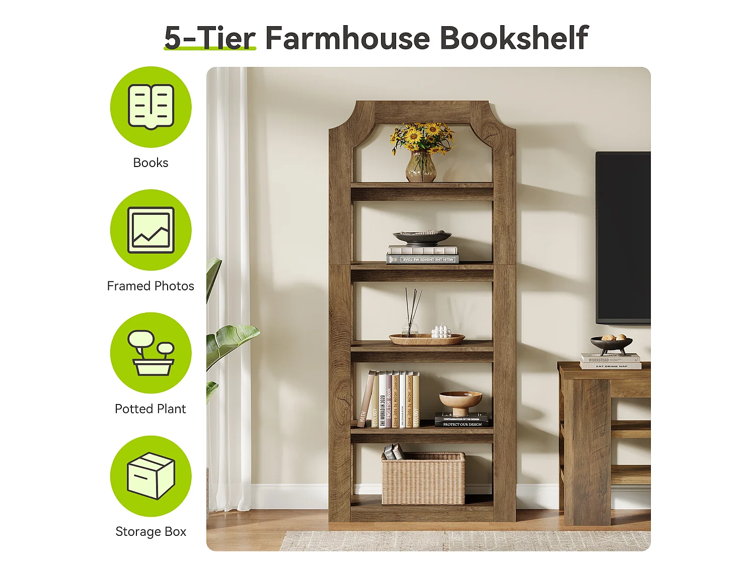 Étagère à livres à 5 niveaux de 180 cm de haut, style ferme, étagère de rangement vintage autoportante