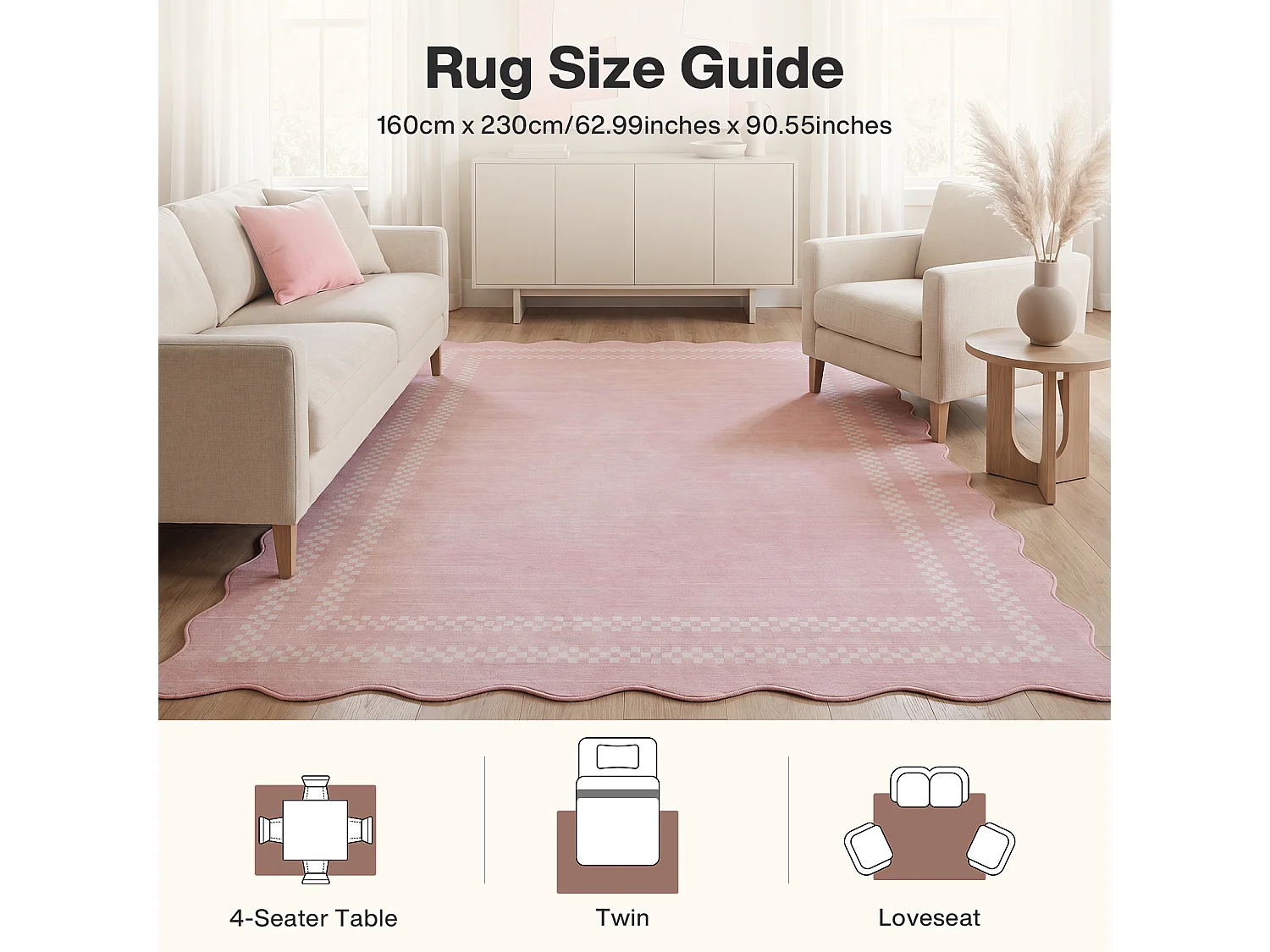 Tapis de salon modernes - Tapis lavables à motif vagues - 160 x 230 cm Rose