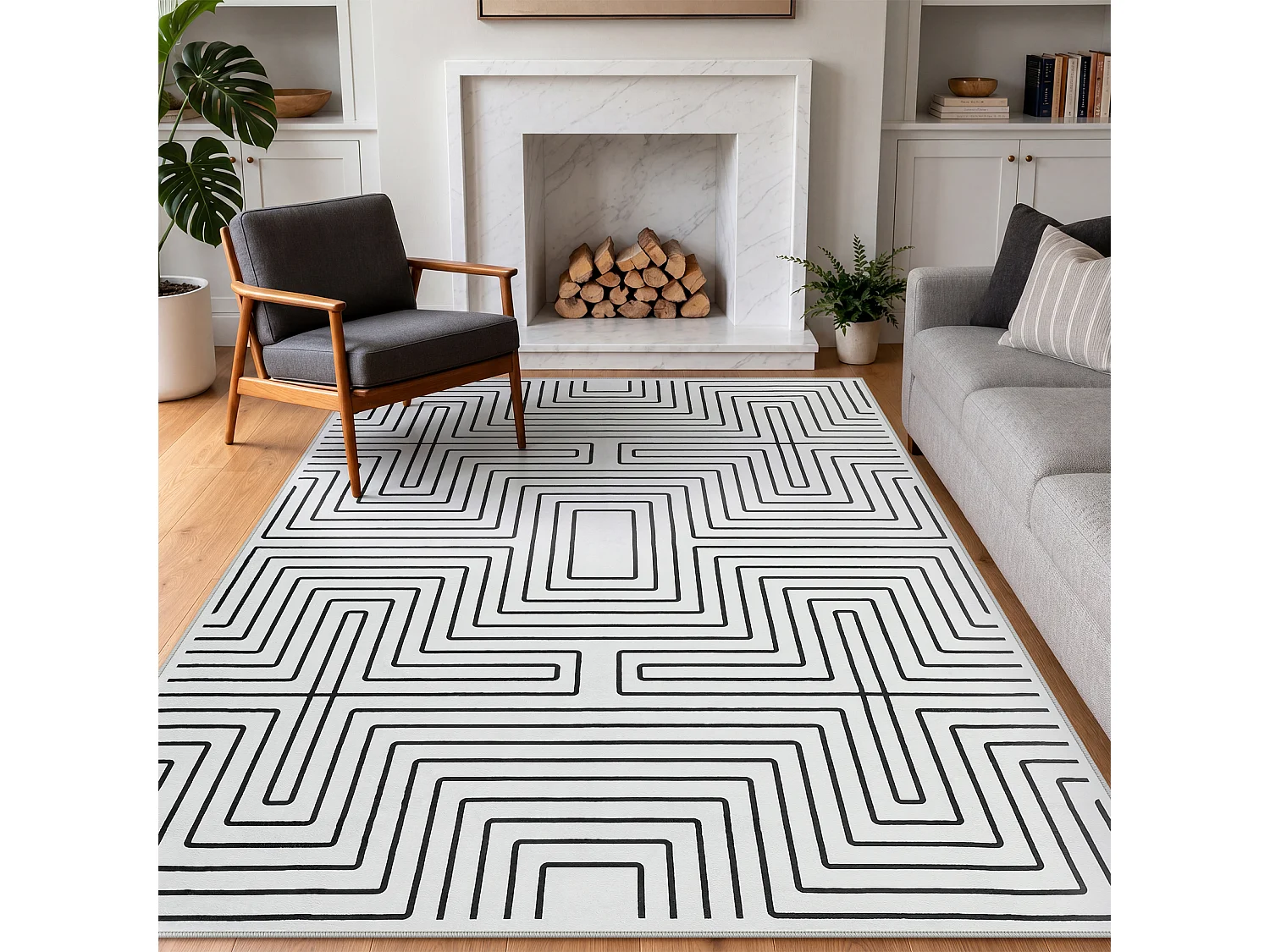 Tapis modernes pour salon - Tapis géométriques lavables - 200 x 300 cm Noir et blanc
