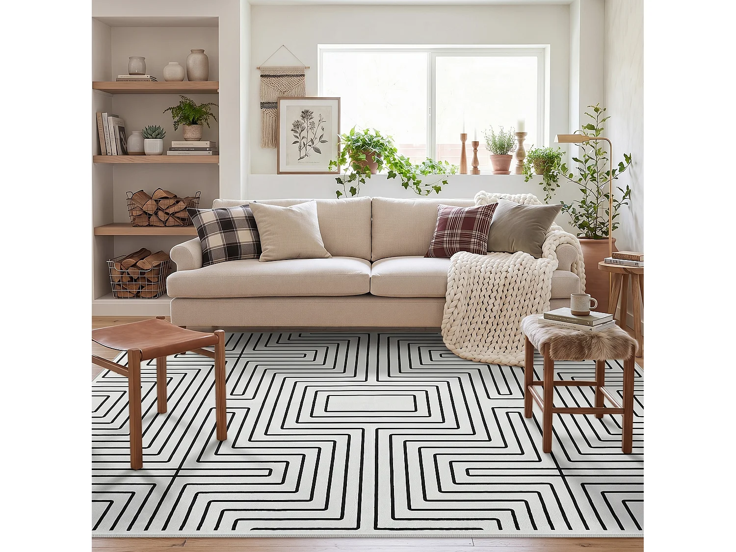Tapis modernes pour salon - Tapis géométriques lavables - 200 x 300 cm Noir et blanc