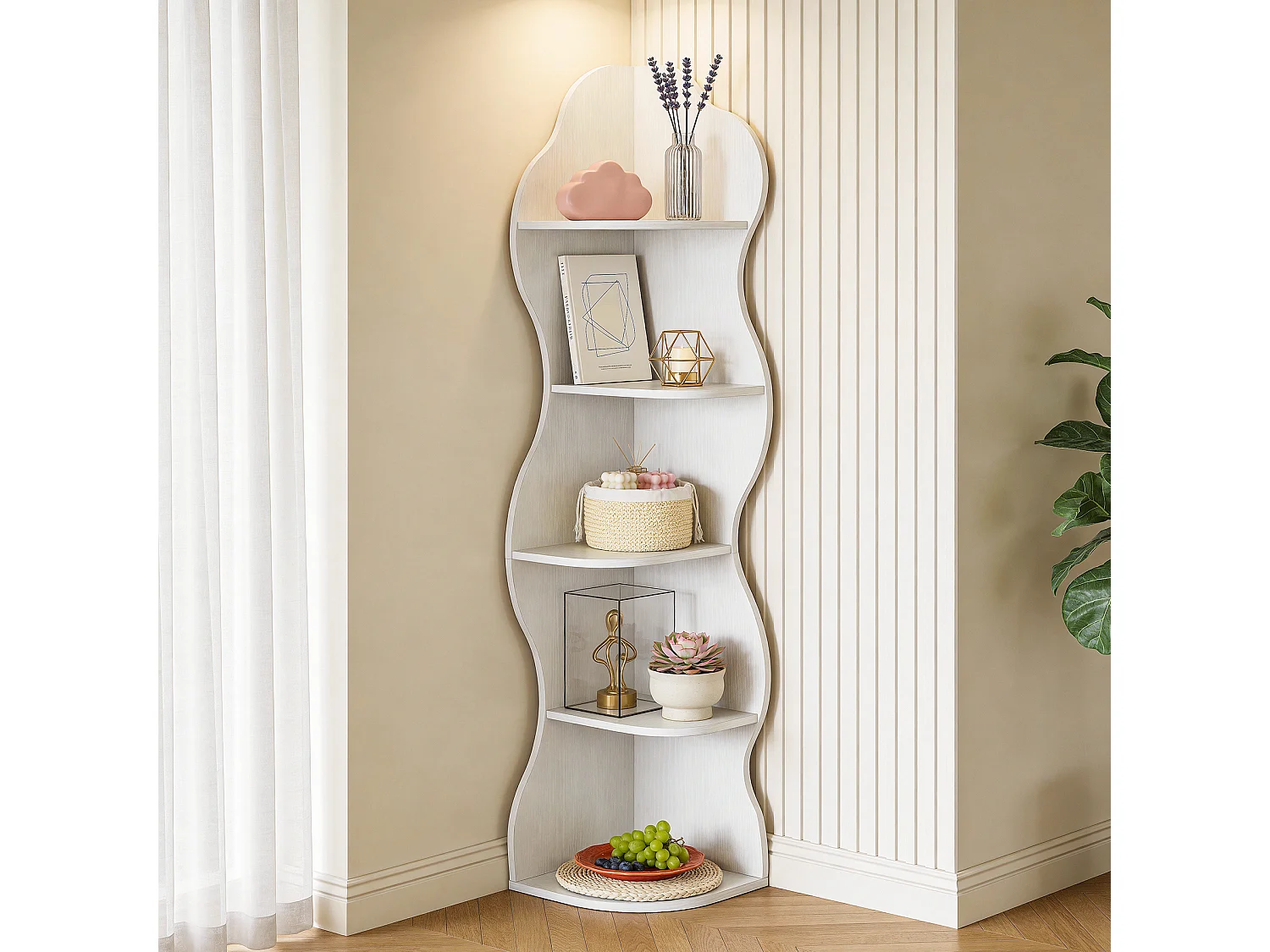 Étagère d'angle de 175 cm, bibliothèque d'angle moderne blanche à 5 niveaux, haute bibliothèque