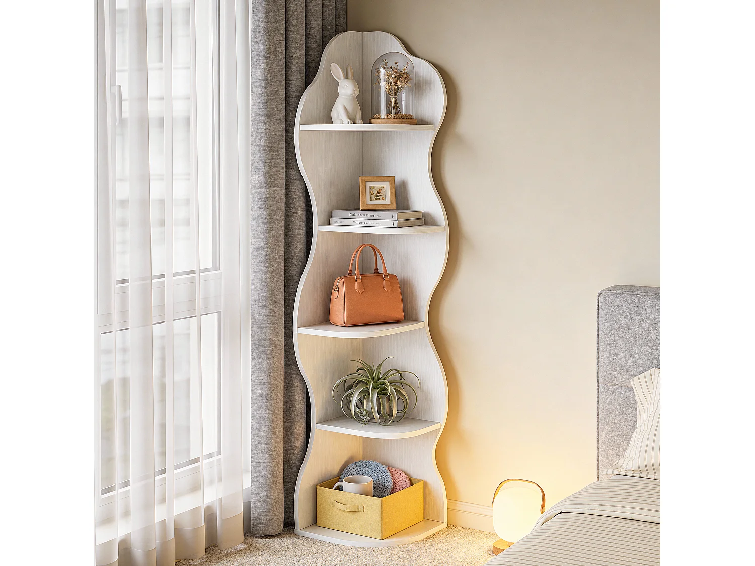 Étagère d'angle de 175 cm, bibliothèque d'angle moderne blanche à 5 niveaux, haute bibliothèque