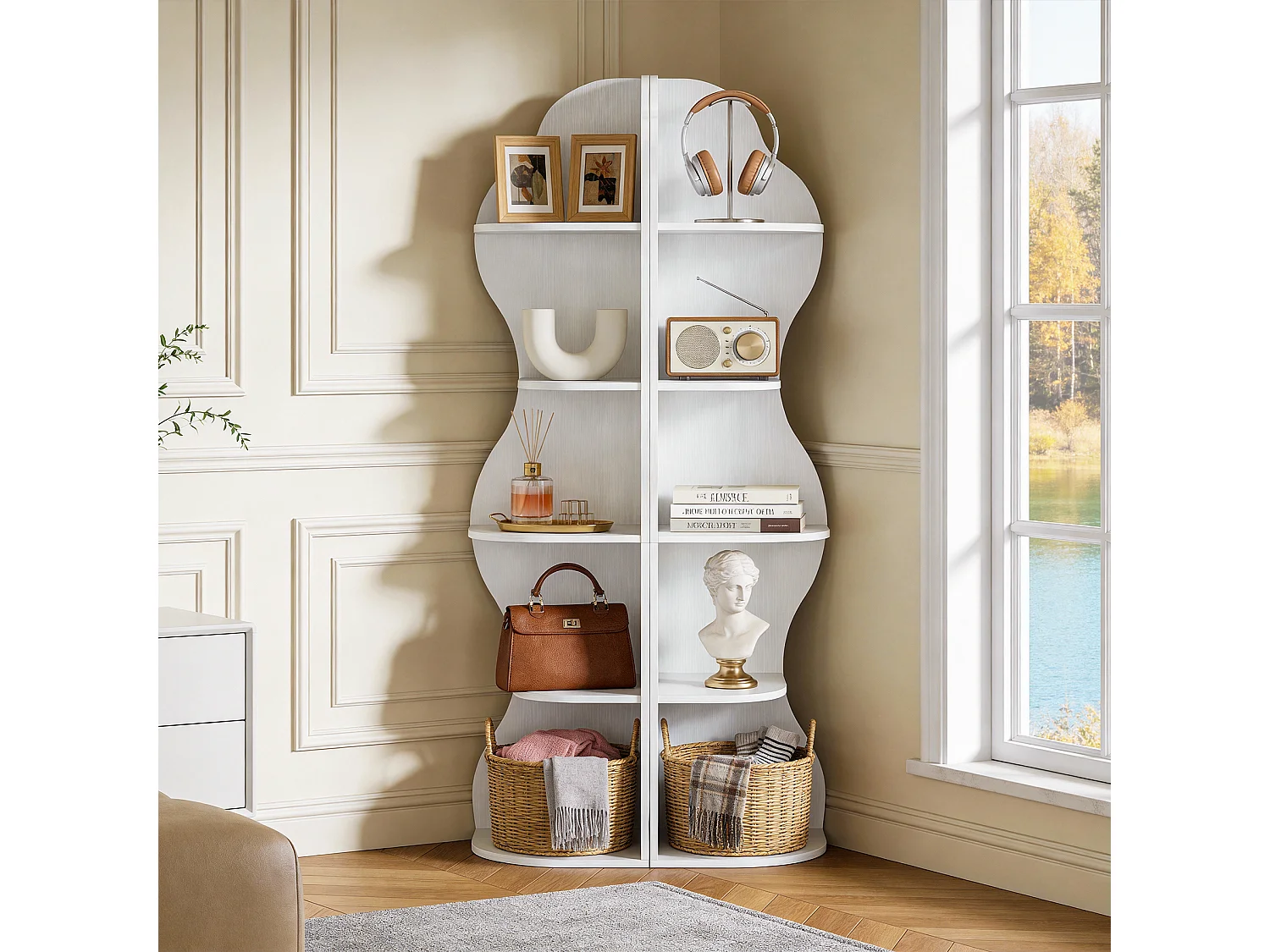Étagère d'angle de 175 cm, bibliothèque d'angle moderne blanche à 5 niveaux, haute bibliothèque