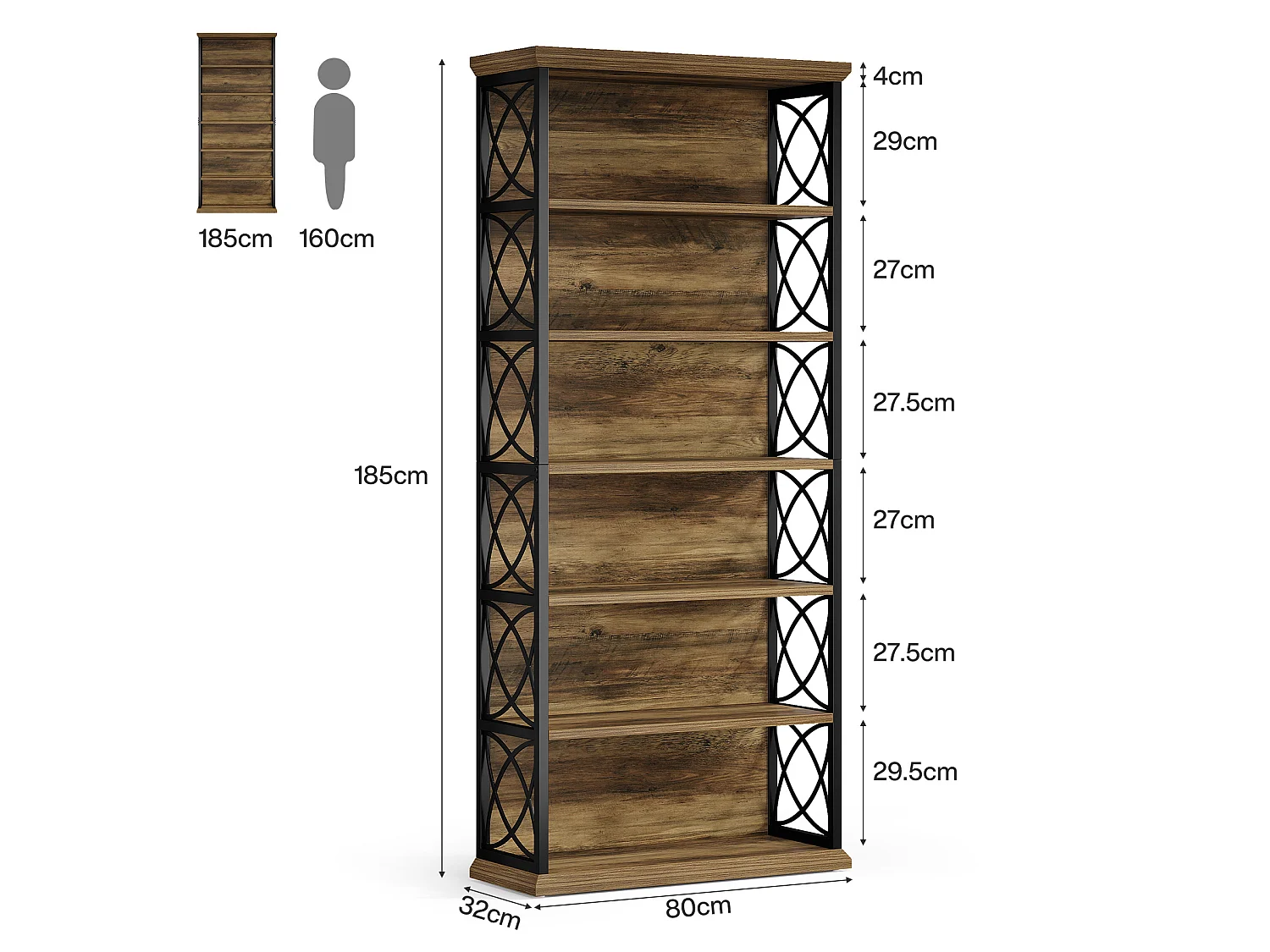 Bibliothèque de 185 cm de haut, étagère industrielle à 6 niveaux avec étagères de rangement ouvertes
