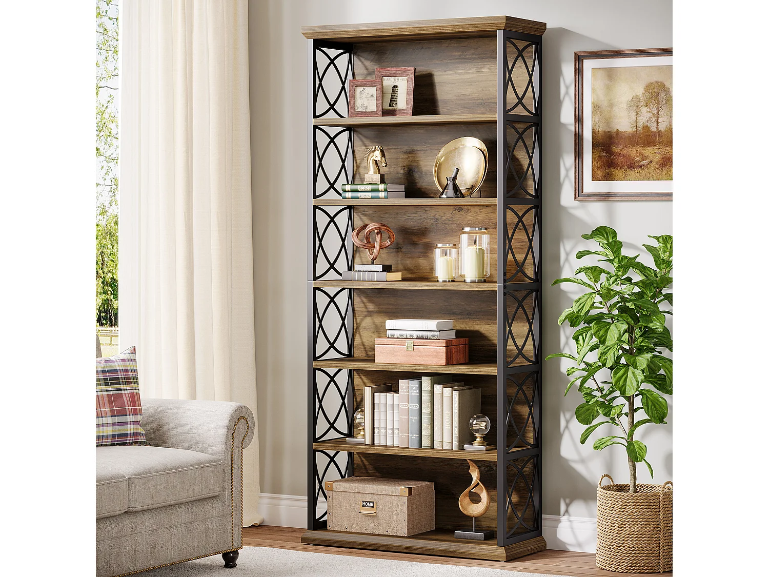 Bibliothèque de 185 cm de haut, étagère industrielle à 6 niveaux avec étagères de rangement ouvertes