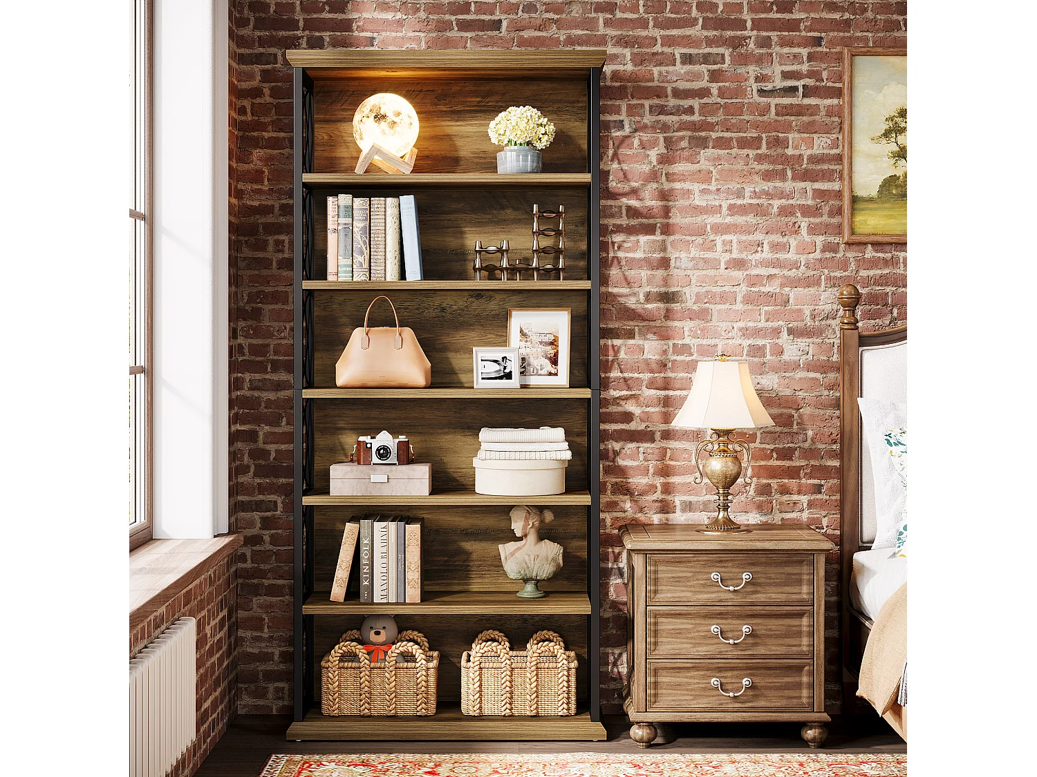 Bibliothèque de 185 cm de haut, étagère industrielle à 6 niveaux avec étagères de rangement ouvertes