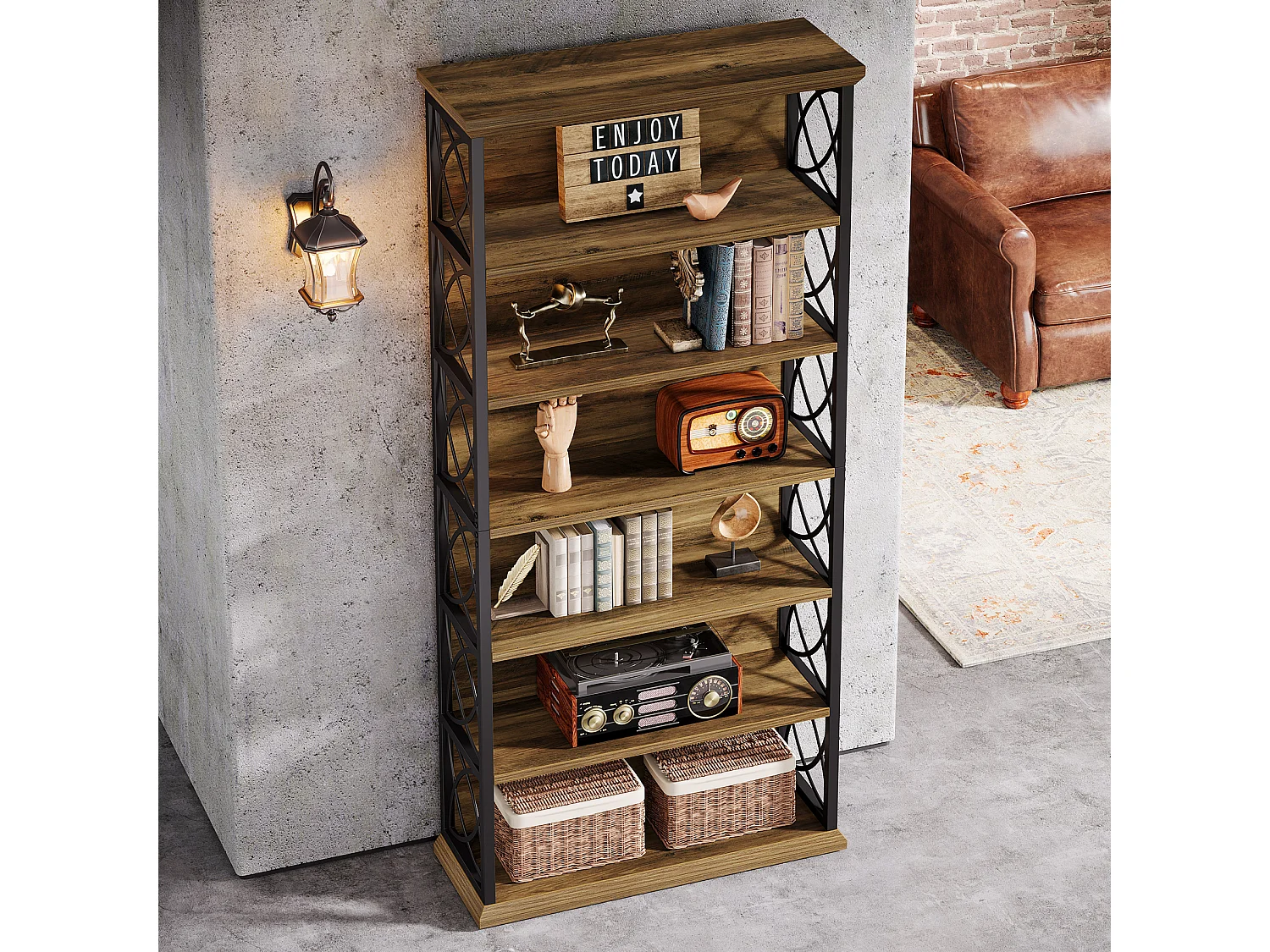 Bibliothèque de 185 cm de haut, étagère industrielle à 6 niveaux avec étagères de rangement ouvertes