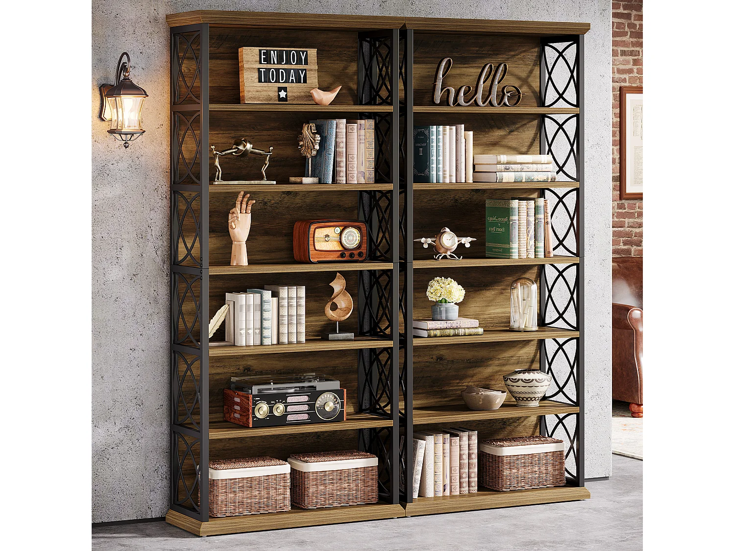 Bibliothèque de 185 cm de haut, étagère industrielle à 6 niveaux avec étagères de rangement ouvertes