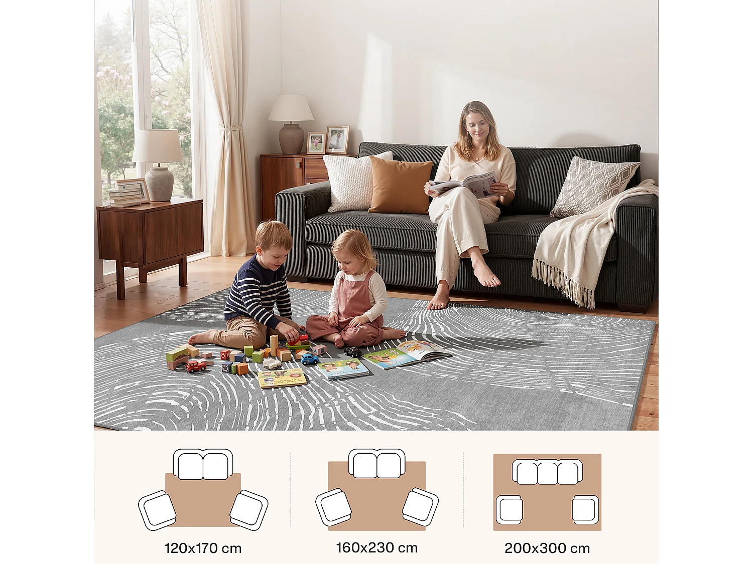 Tapis modernes pour salon - Tapis lavables - 160 x 230 cm Gris