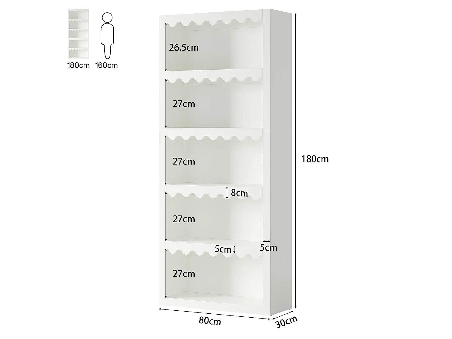 Bibliothèque ouverte à 5 niveaux, étagère blanche de 180 cm de haut avec bords festonnés