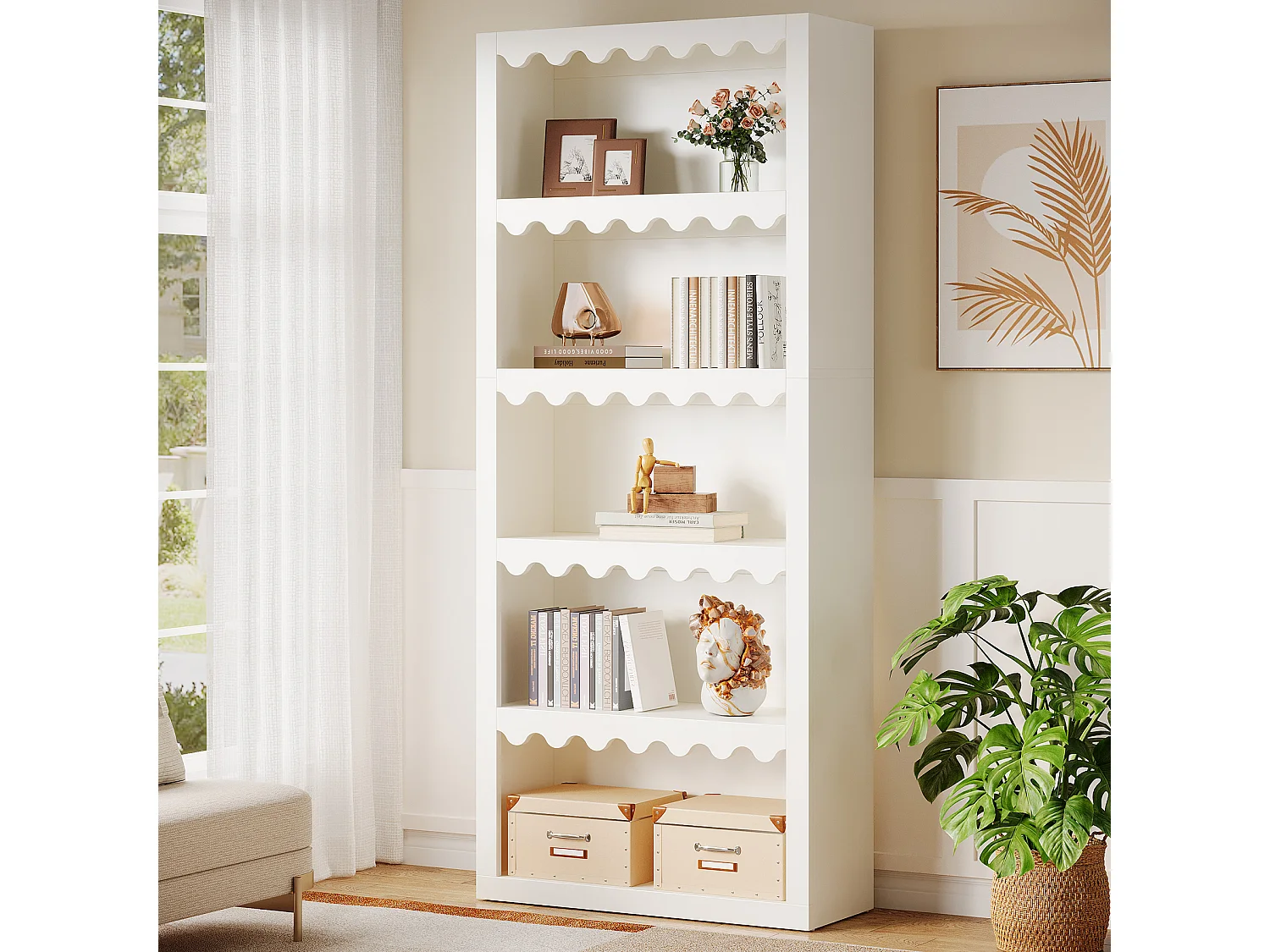 Bibliothèque ouverte à 5 niveaux, étagère blanche de 180 cm de haut avec bords festonnés