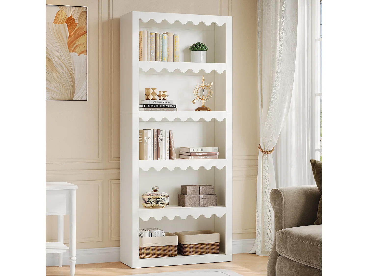 Bibliothèque ouverte à 5 niveaux, étagère blanche de 180 cm de haut avec bords festonnés