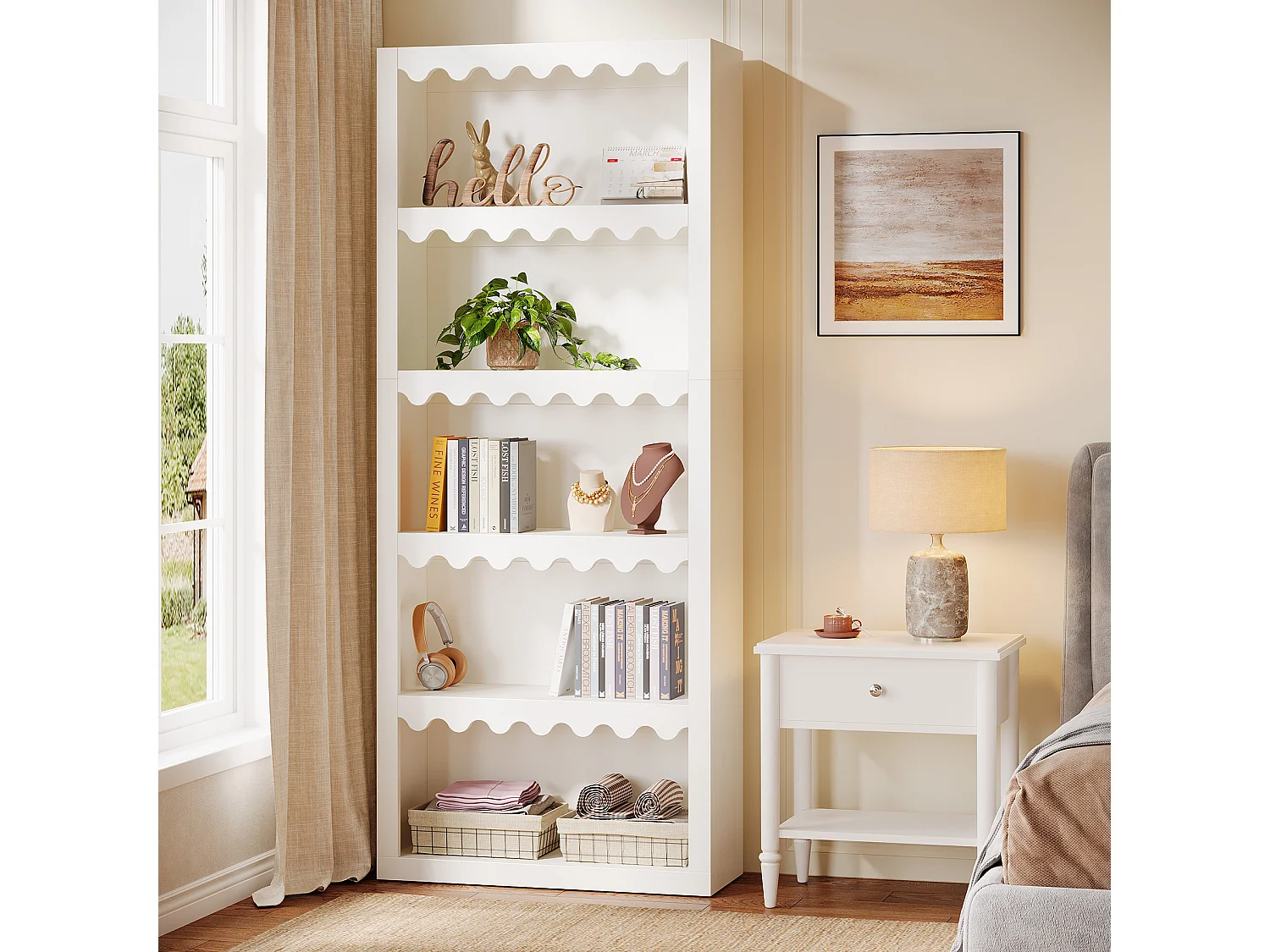 Bibliothèque ouverte à 5 niveaux, étagère blanche de 180 cm de haut avec bords festonnés